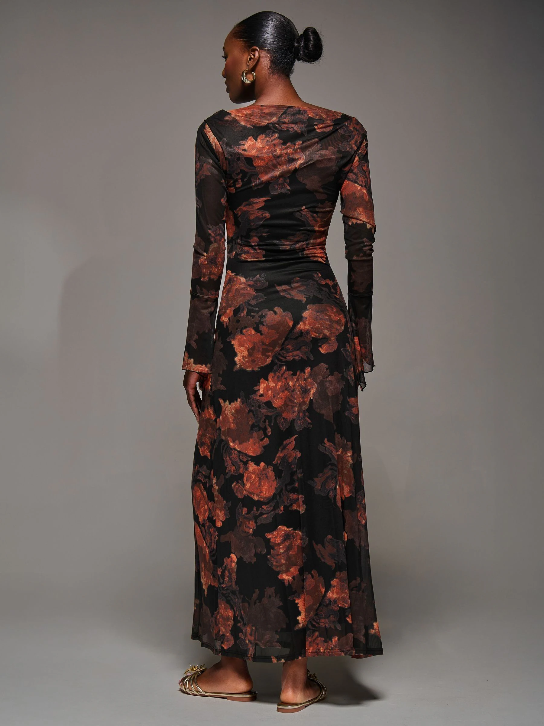 Jolie Moi Orange Long Sleeve Slash Neck Maxi Dress