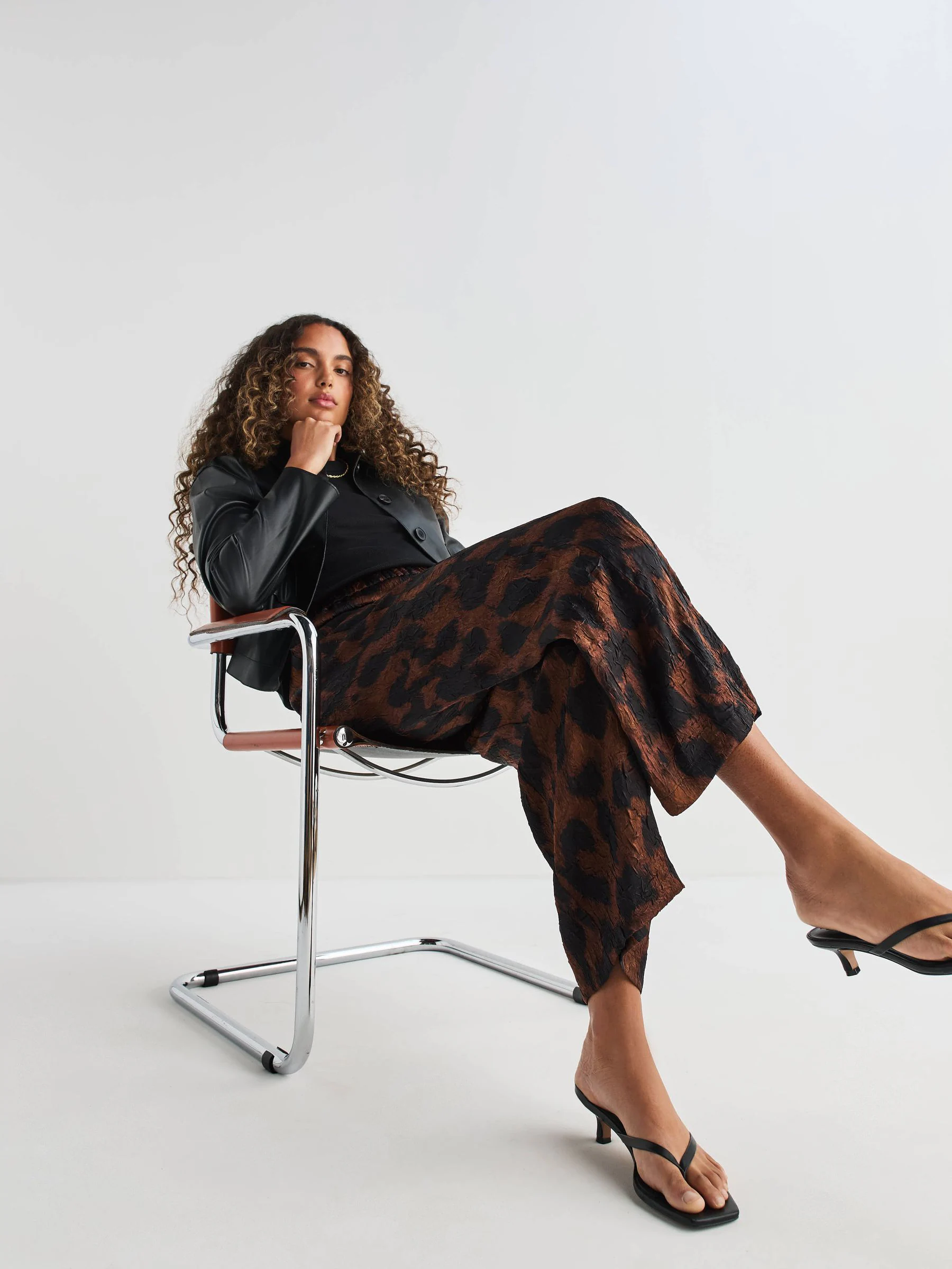 Brown Animal Print Satin Crinkle Wide Leg Trousers