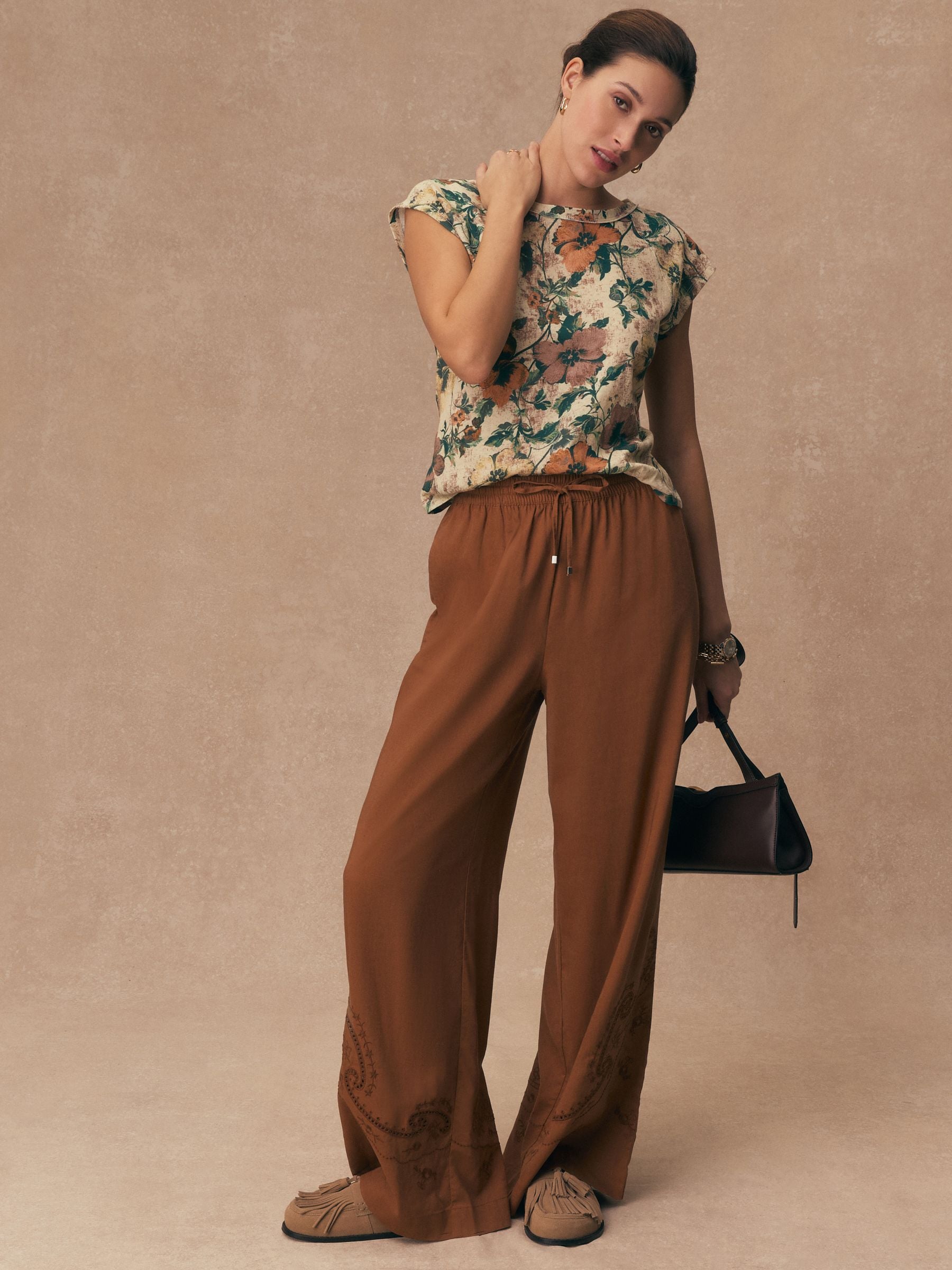 Camel Pull On Broderie Wide Leg Trousers with Linen