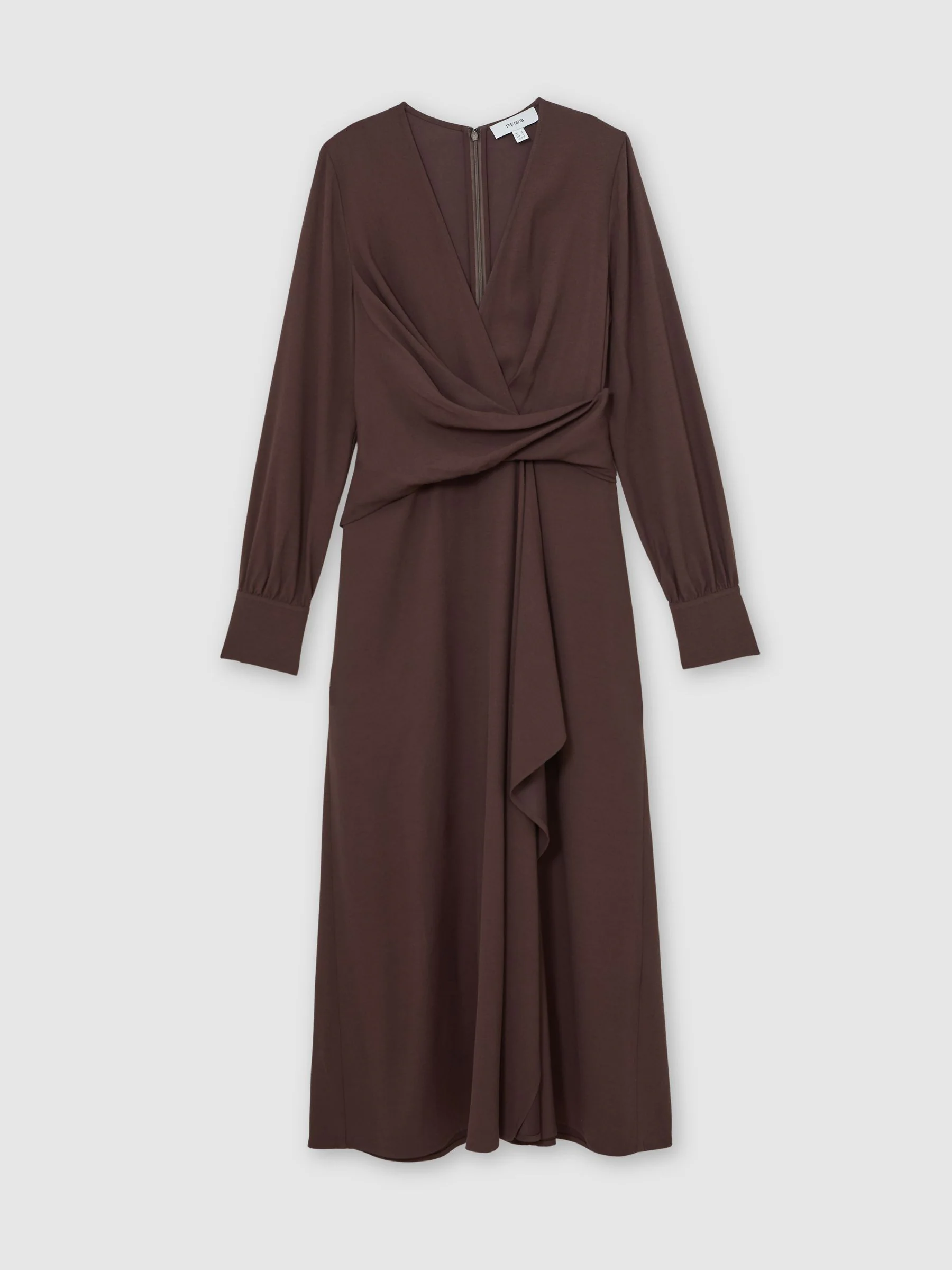 Reiss Burgundy Mira Wrap-Front Drape Midi Dress with Wool