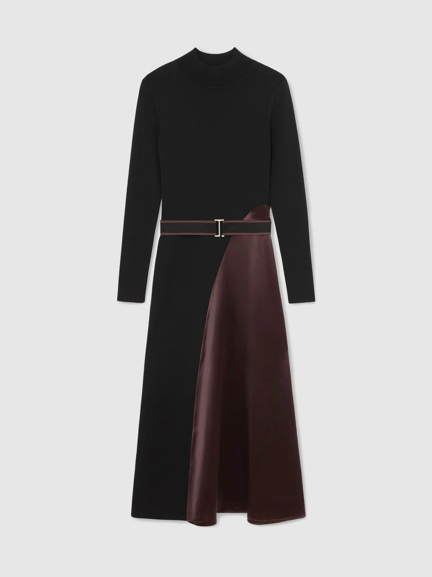 Reiss Black/Burgundy Misty Colour-Block Knitted Midi Dress