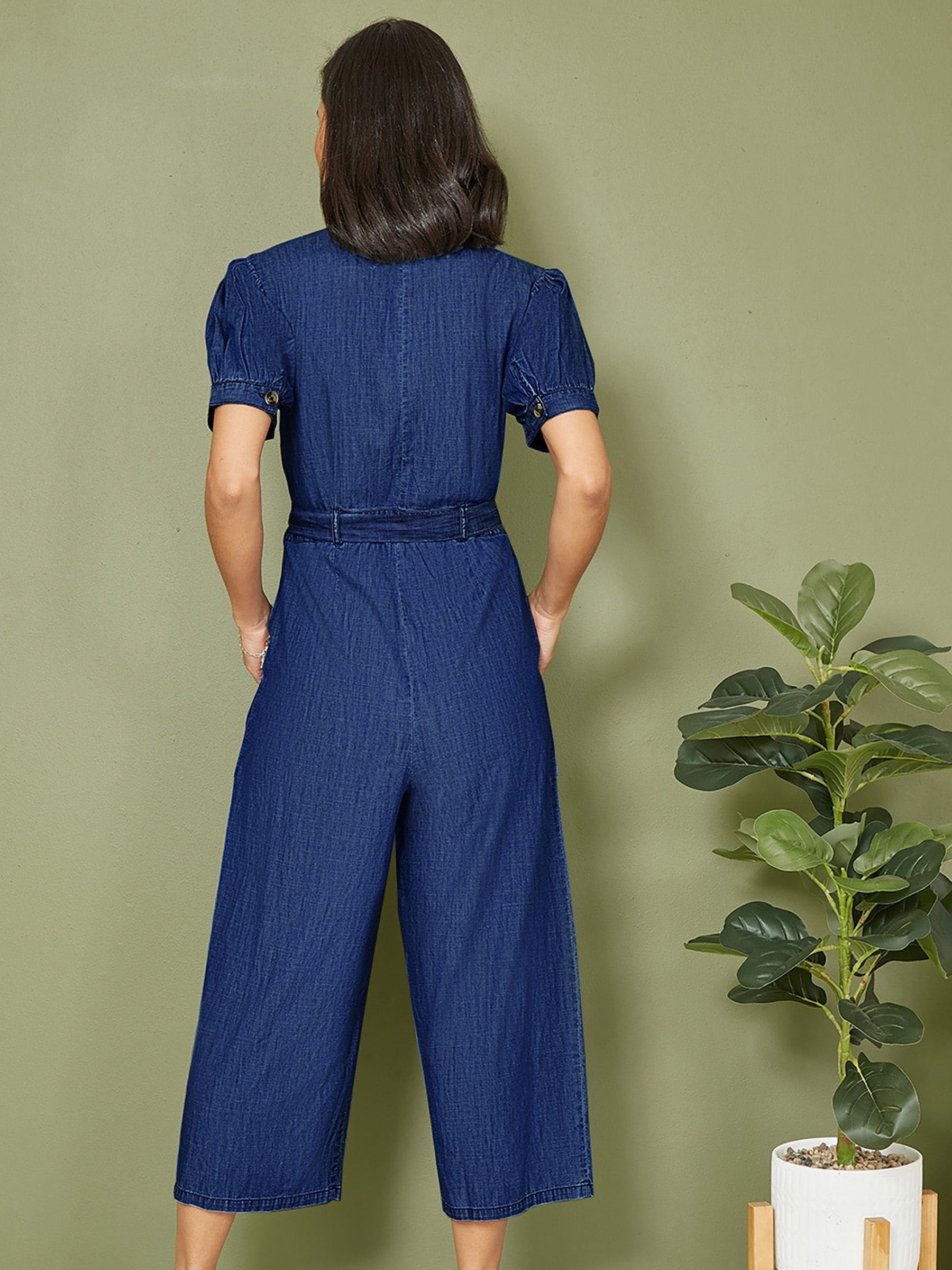 Yumi Blue 100% Cotton Chambray Button Up Jumpsuit