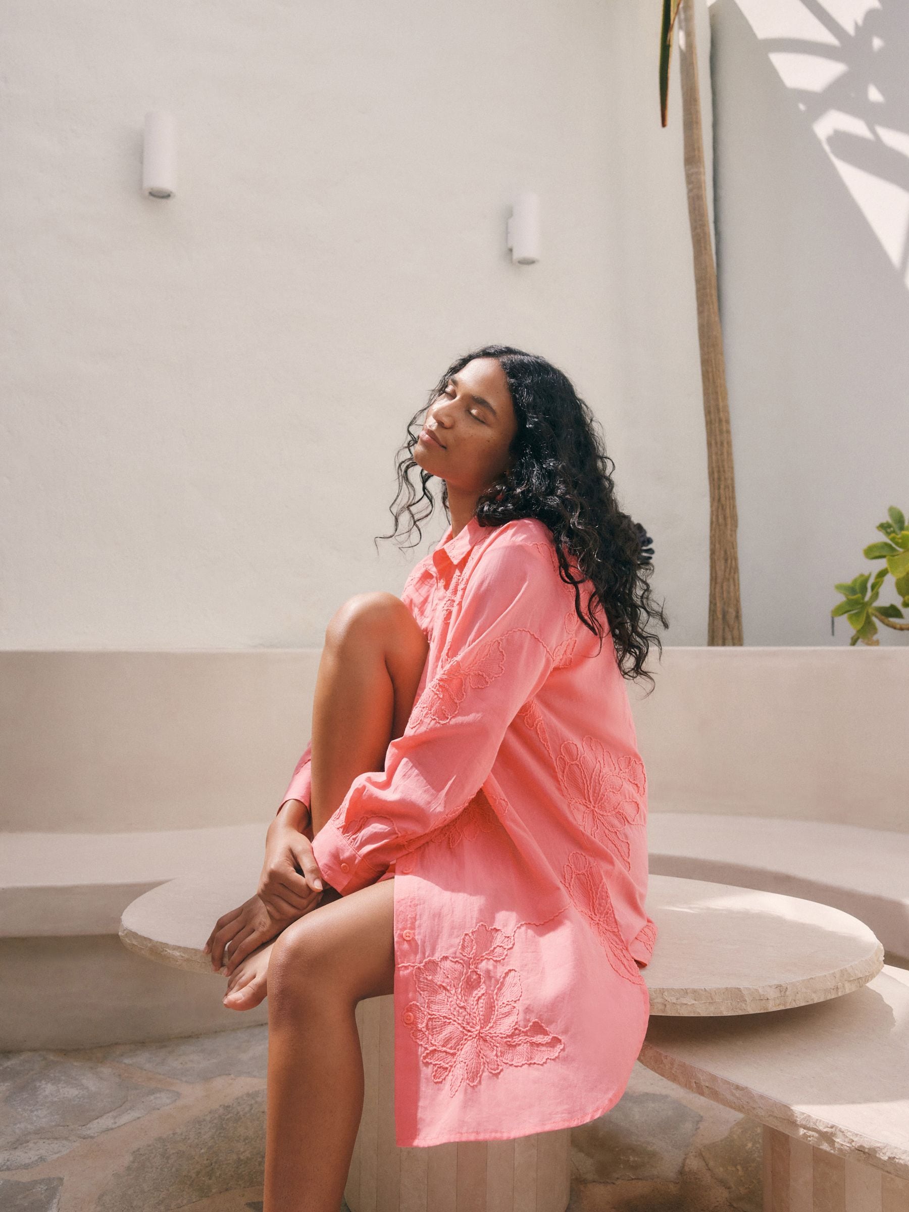 Coral Pink Textured Cornelli Cover-Up Shirt