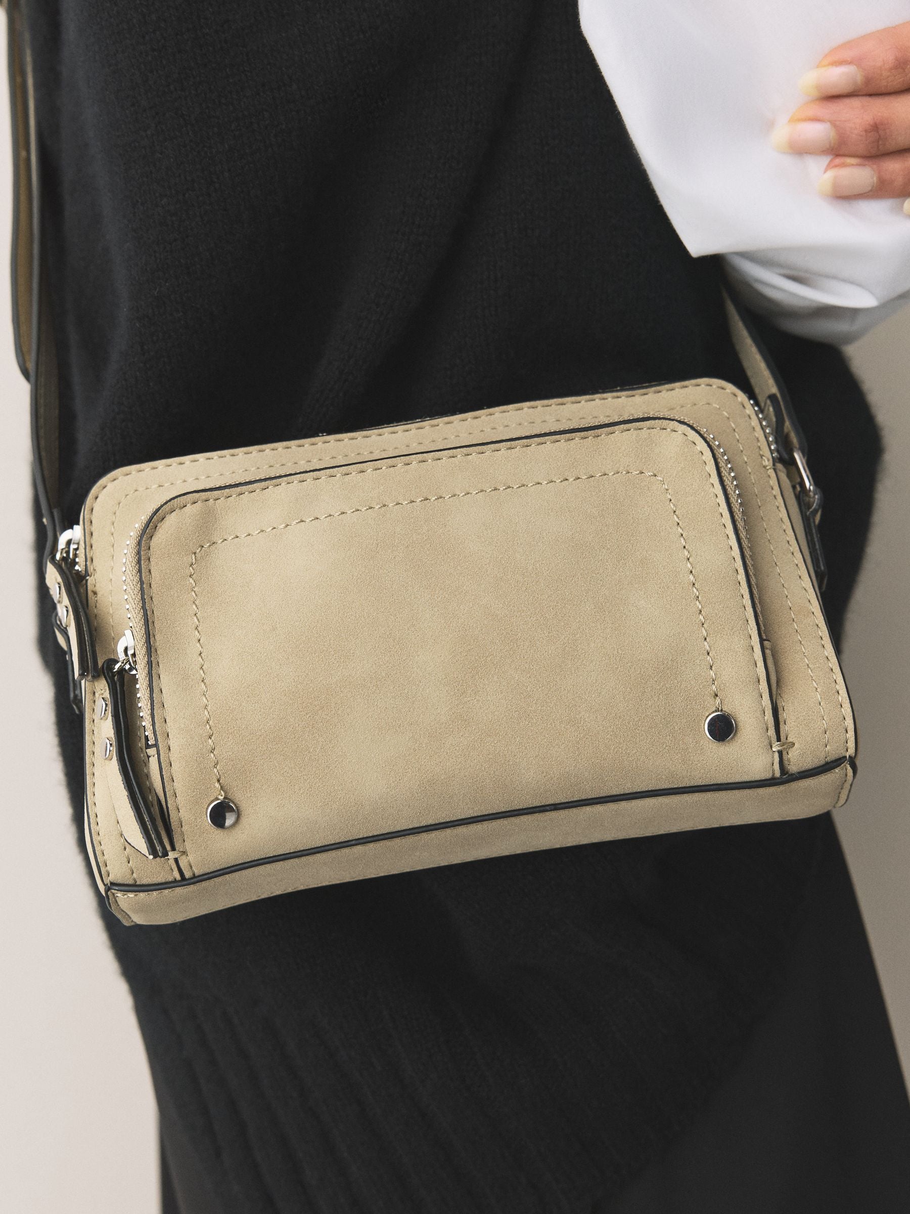 Stone Double Zip Cross-Body Faux Suede Bag