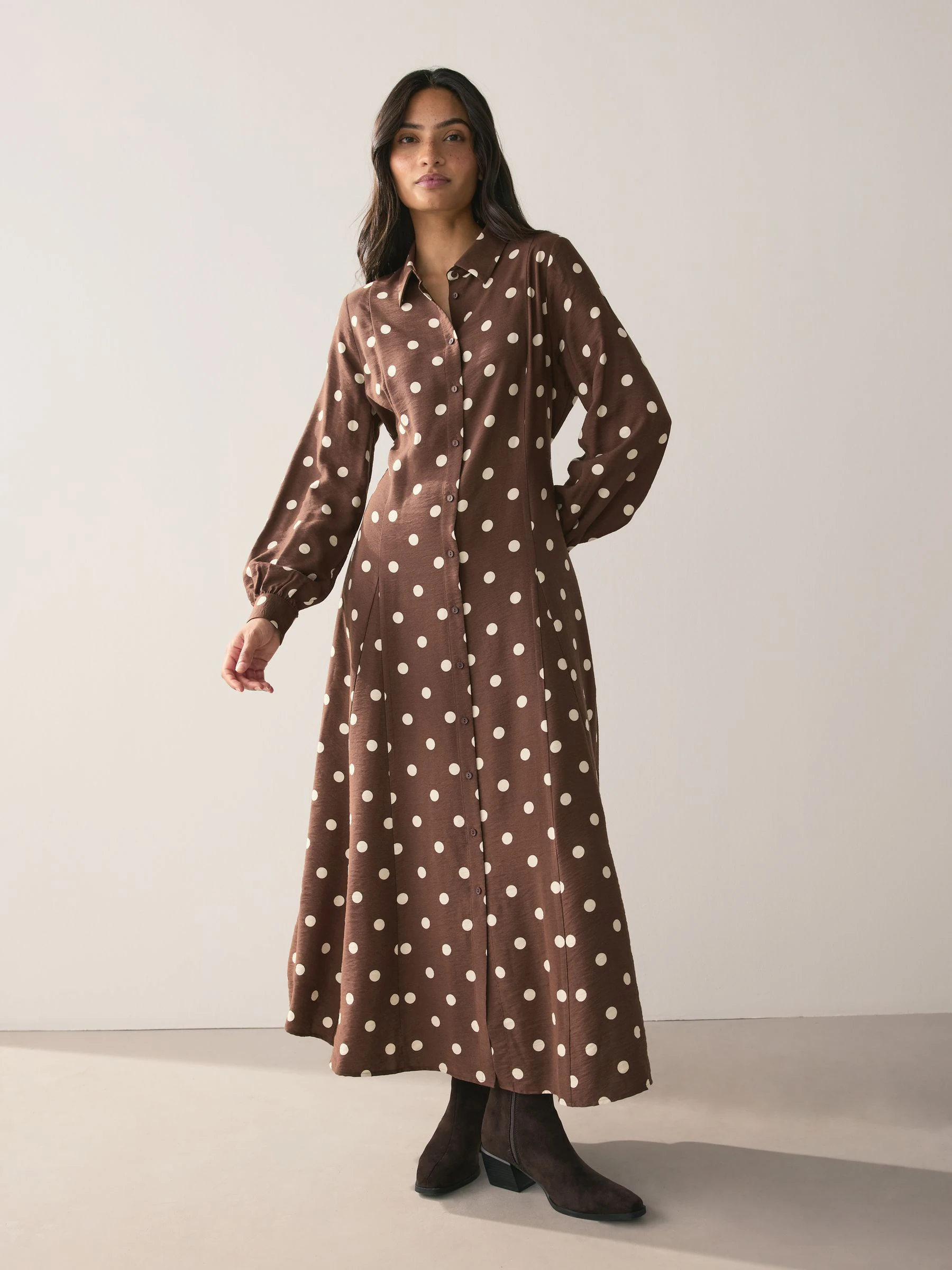 Chocolate Brown/Ecru Polka Dot Printed Long Sleeve Shirt Dress