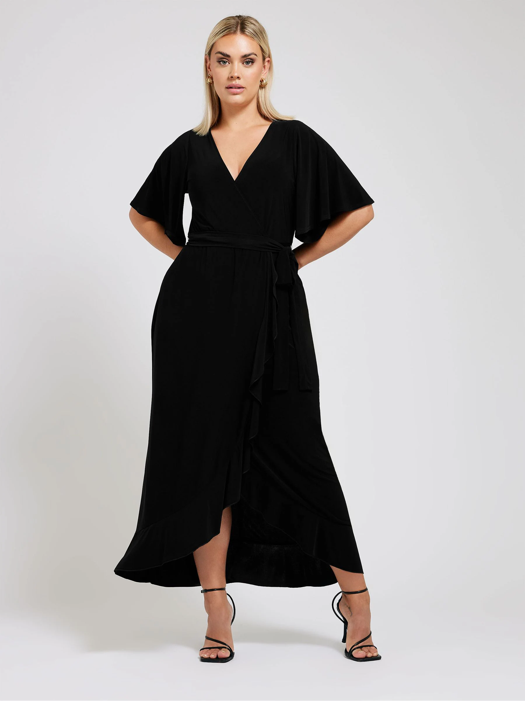 Yours Curve Black Ruffle Hem Wrap Dress