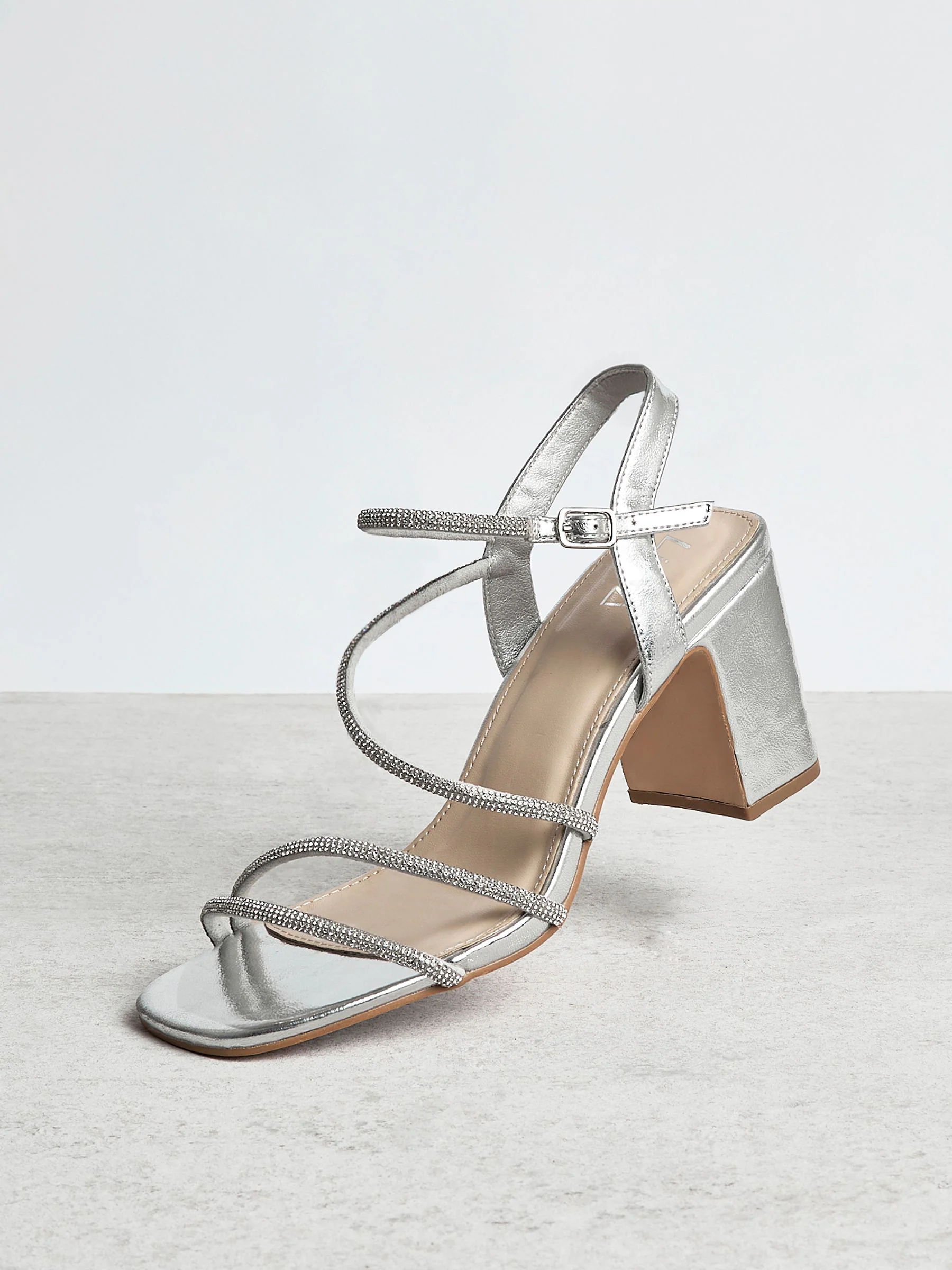 Linzi Silver Kira Strappy Diamante Block Heeled Sandals