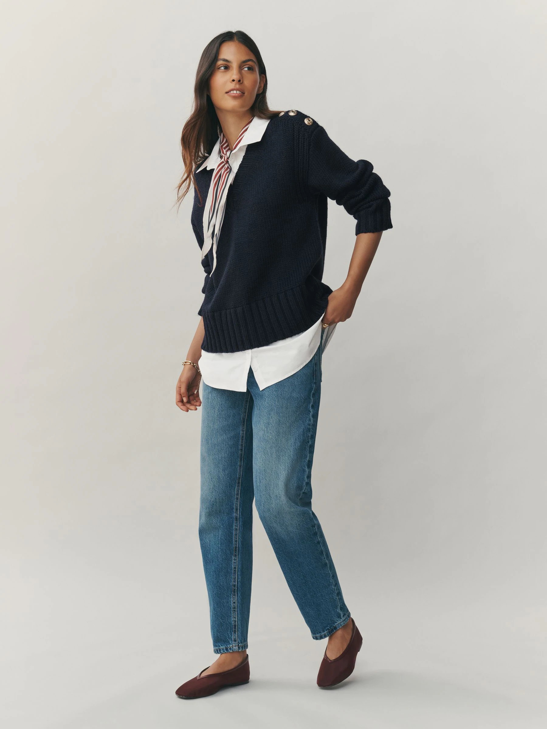 Navy Blue V-Neck Knitted Shirt Layer Look Jumper