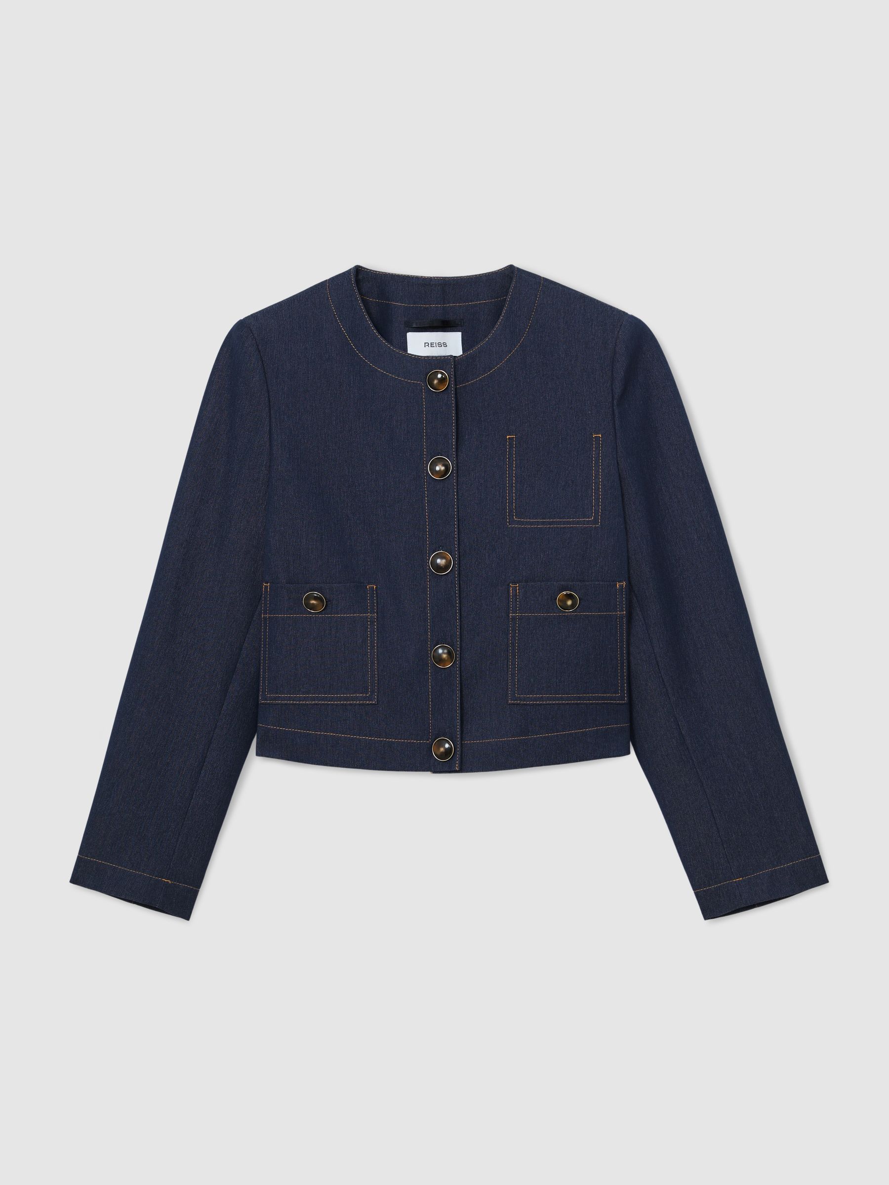Reiss Dark Blue Edie Collarless Denim-Look Cropped Jacket