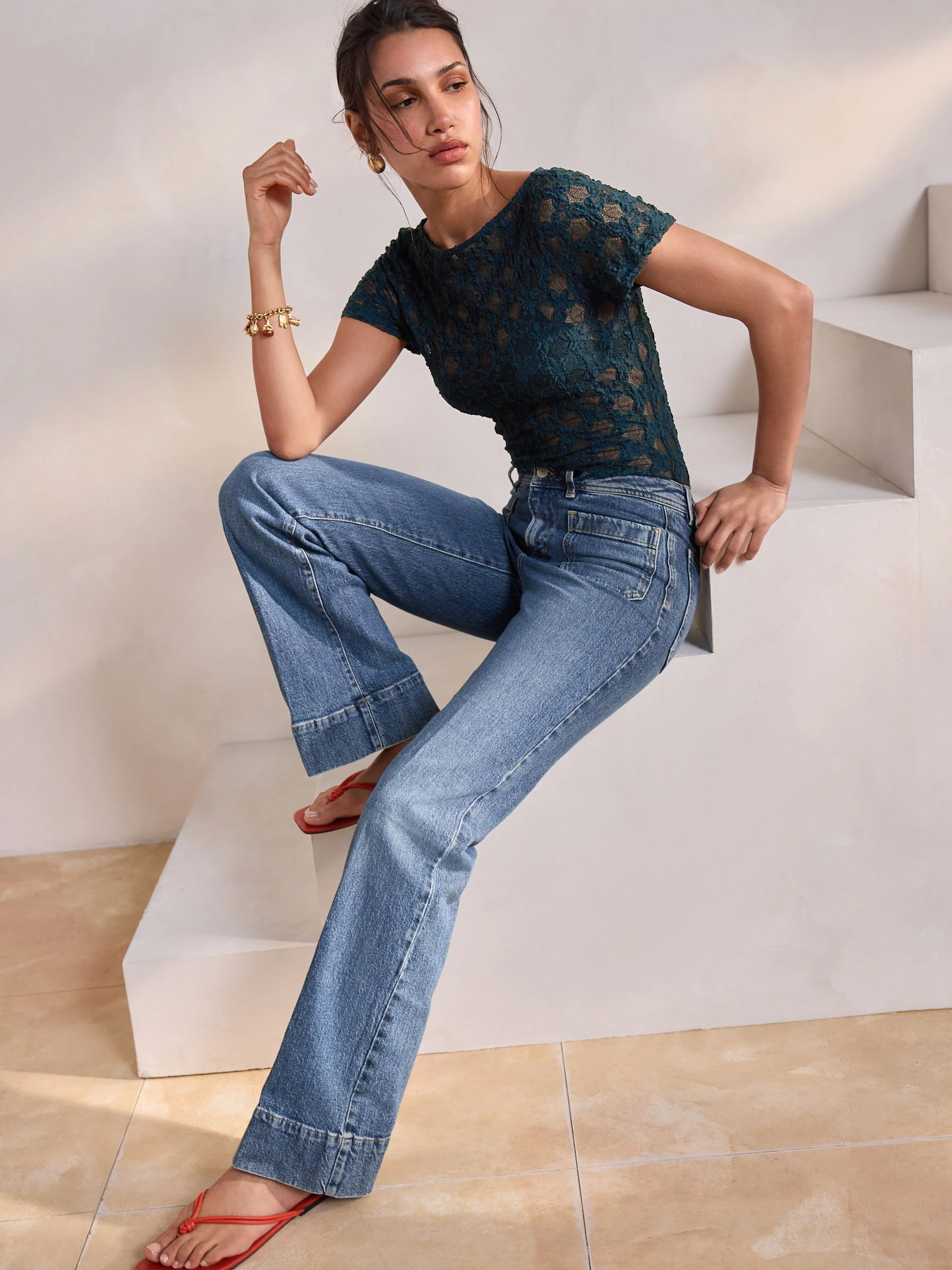 Dark Blue Patch Pocket Wide Leg Jeans