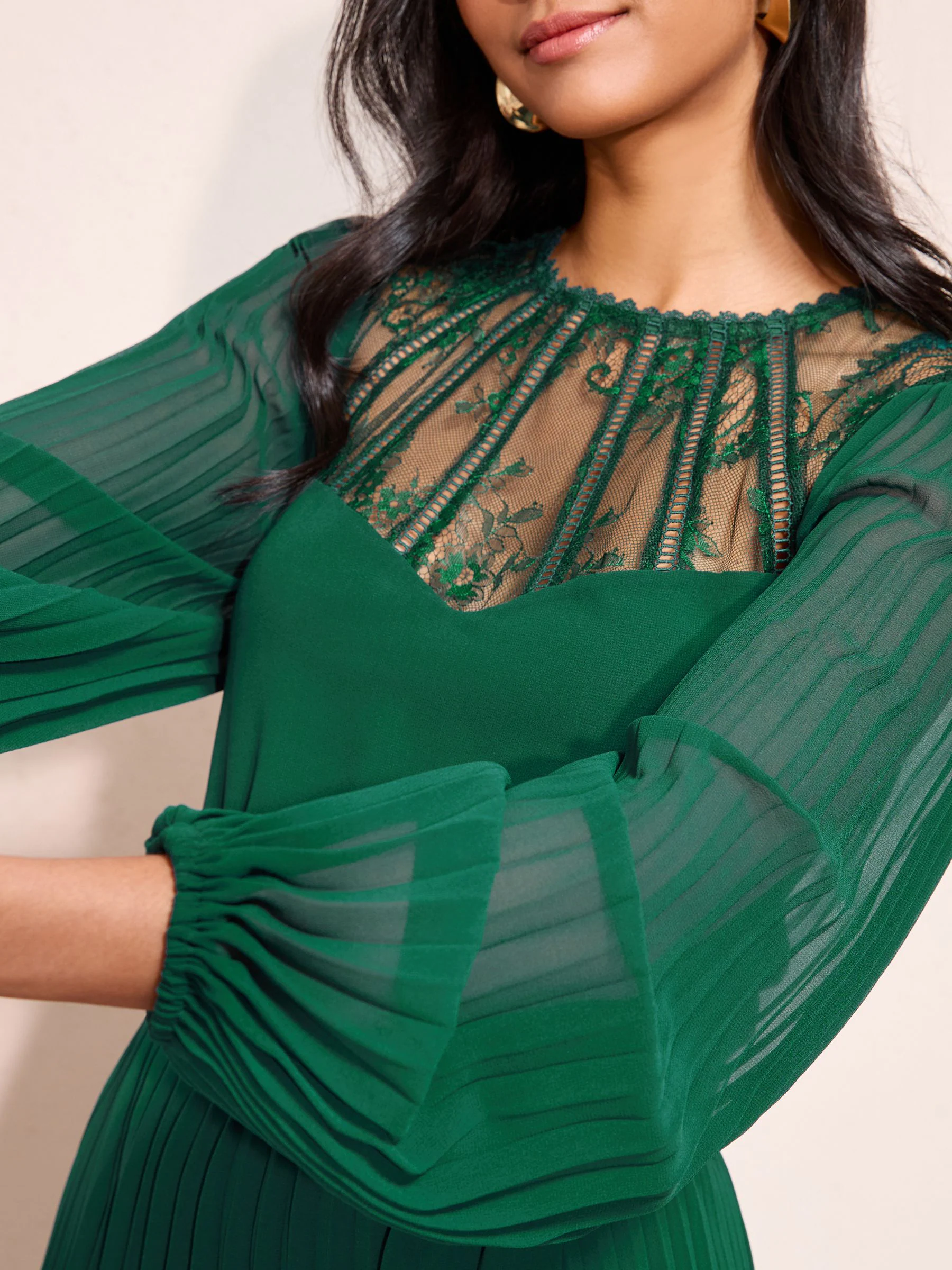 Friends Like These Green Lace Yoke Long Sleeve Pleated Chiffon Midi Dress