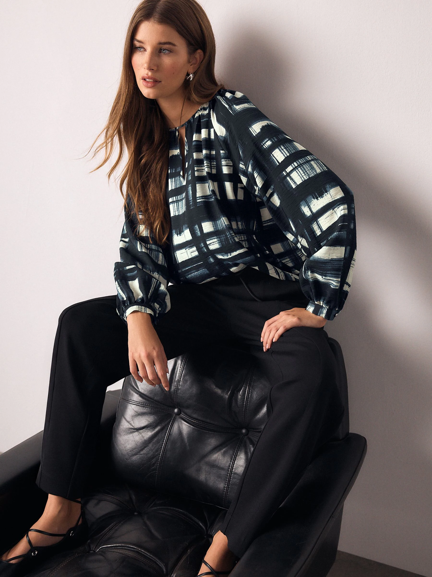 Navy/Ecru Check Keyhole Detail Relaxed Long Sleeve Blouse