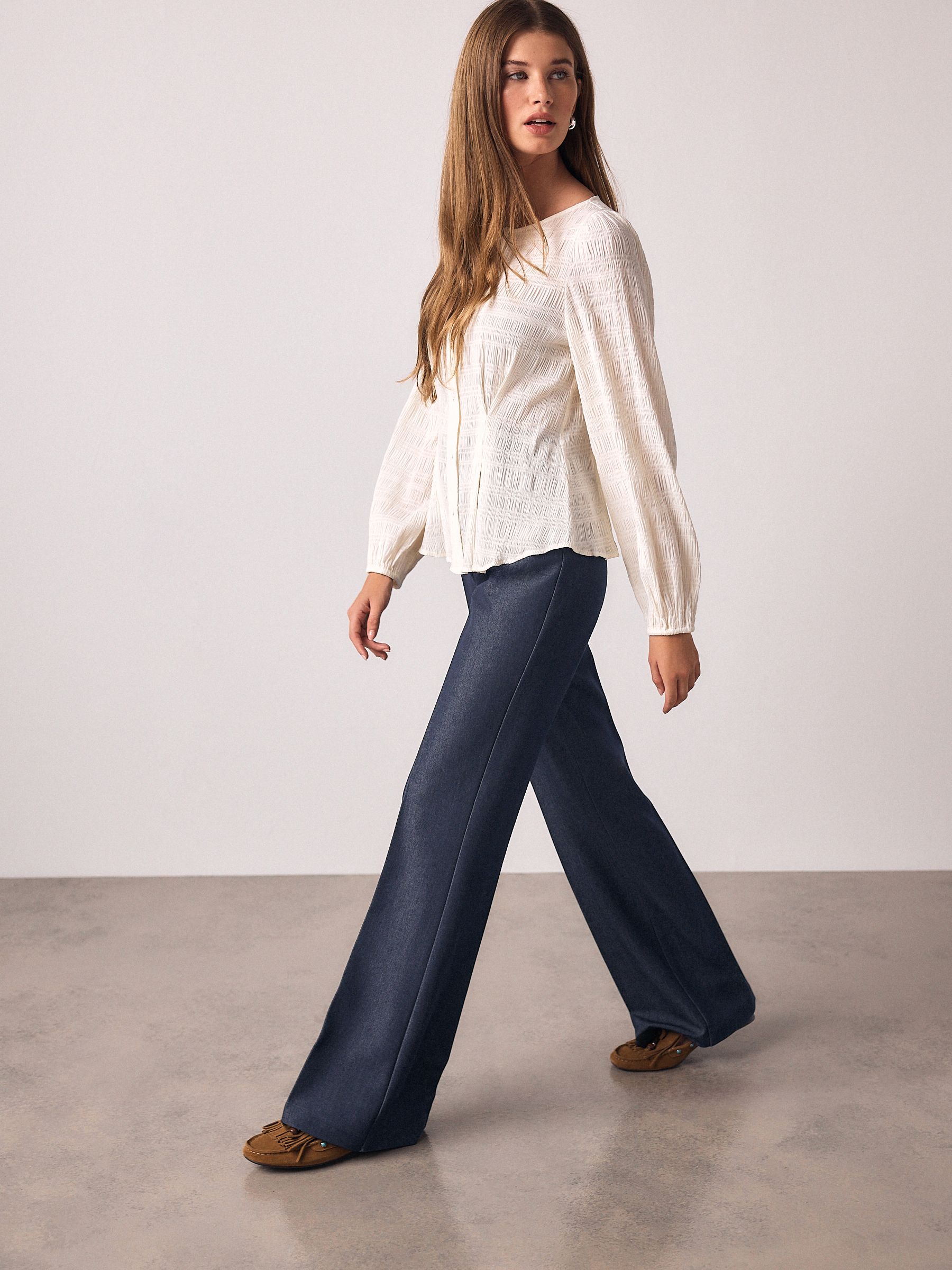 Navy Blue Denim Look Slim Flare Trousers