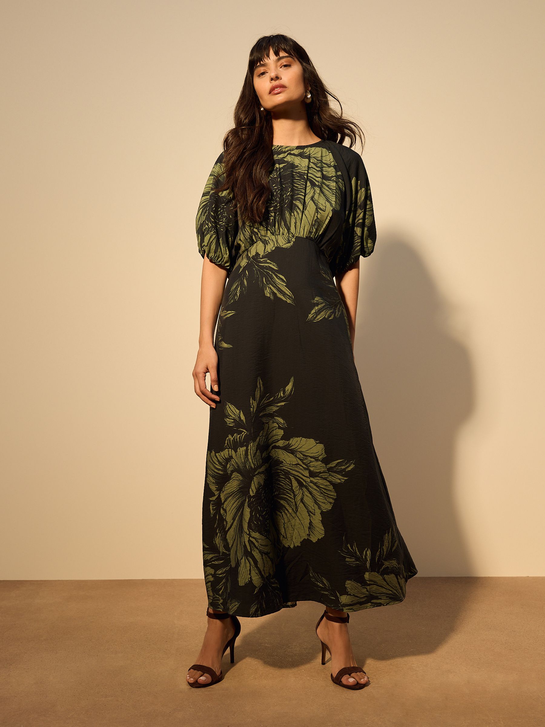 Green Floral Puff Sleeve Midi Dress