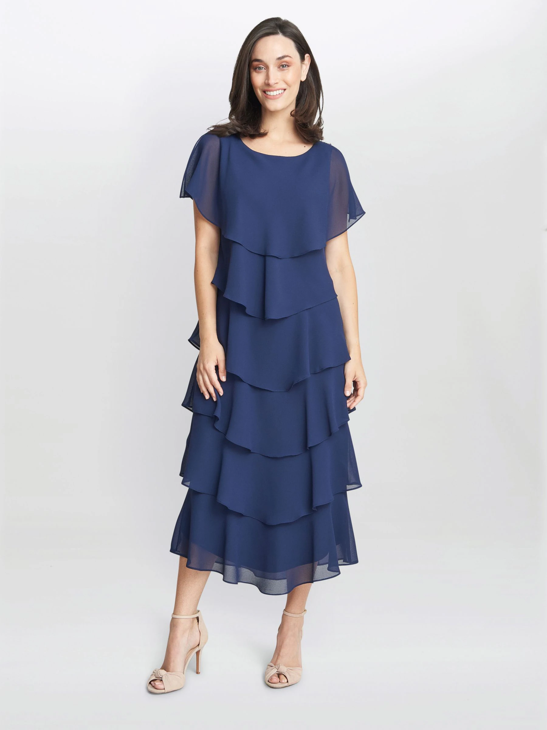 Gina Bacconi Dark Blue Tessa Midi Tiered Dress With Shoulder Trim