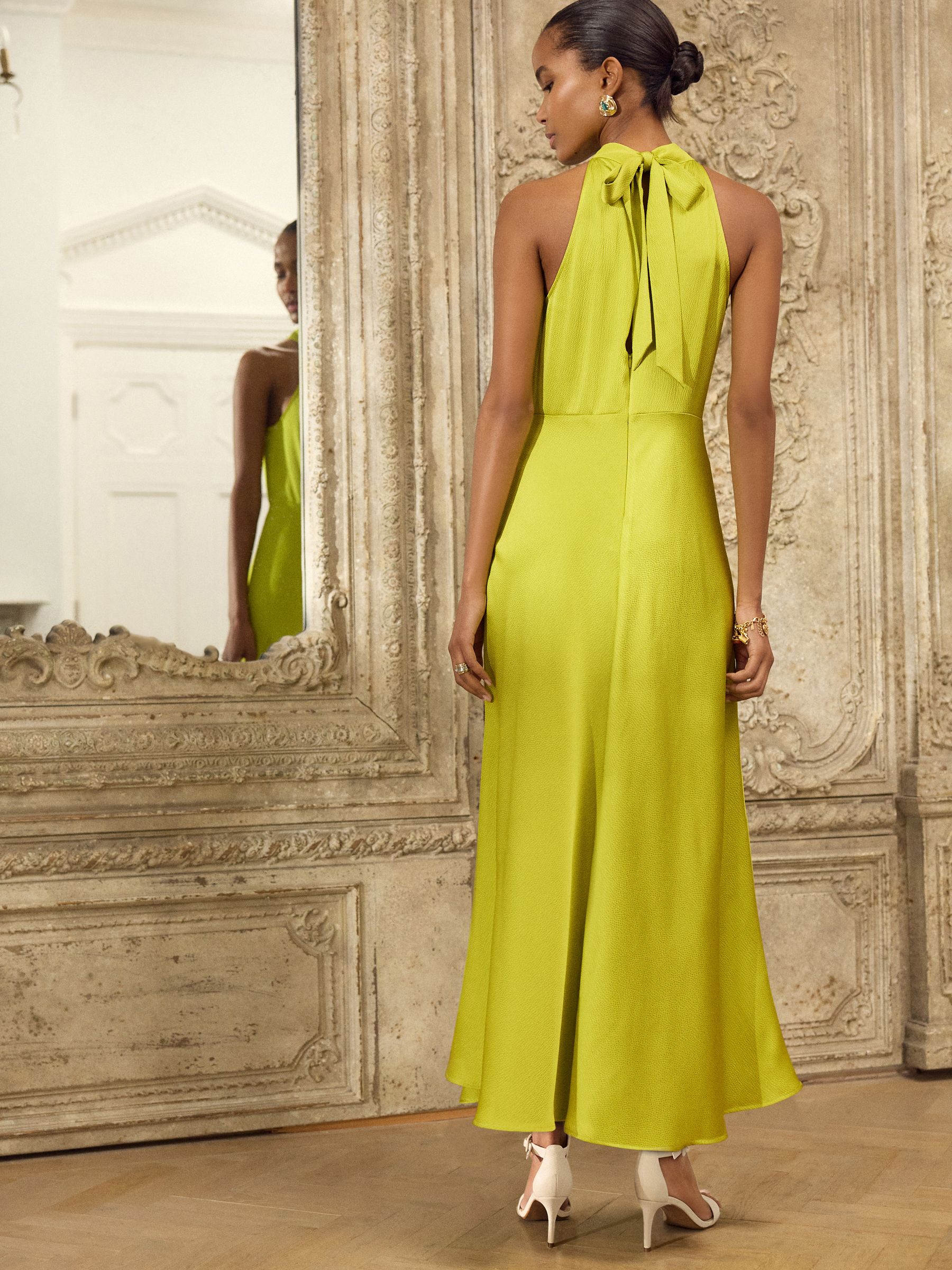 Lime Green Textured Satin Halter Sleeveless Midi Dress