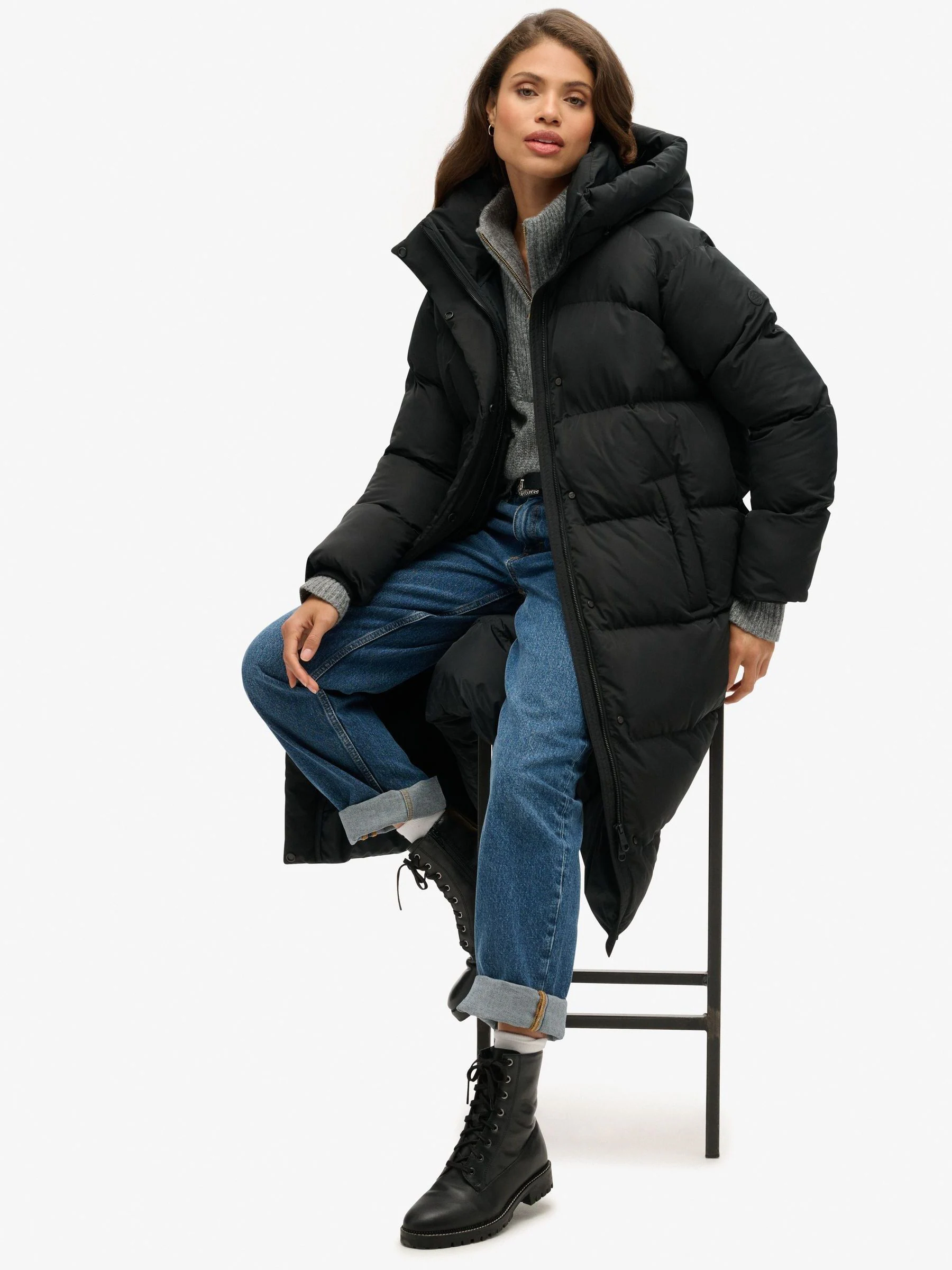 Superdry Black Longline Hooded Puffer Coat