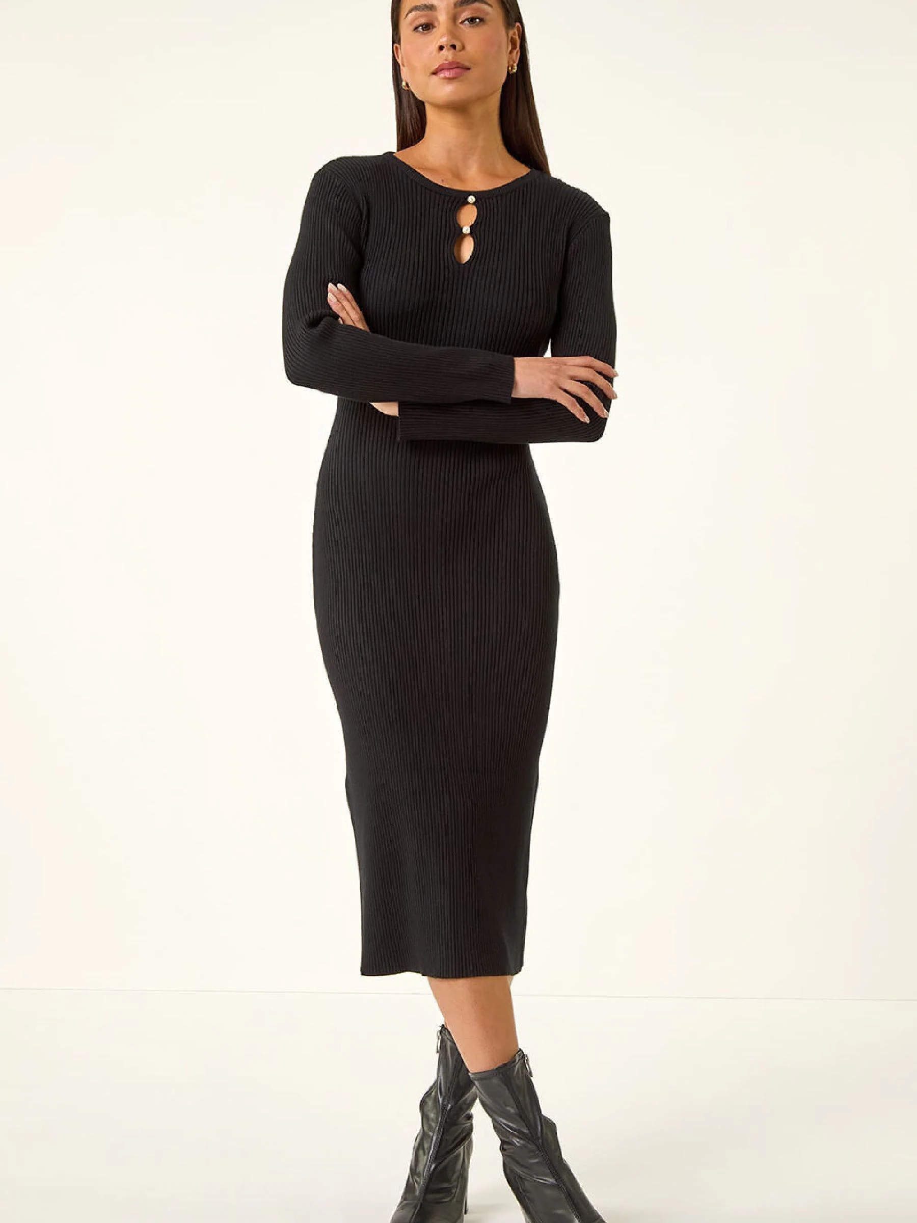Roman Black Petite Knitted Pearl Detail Midi Dress