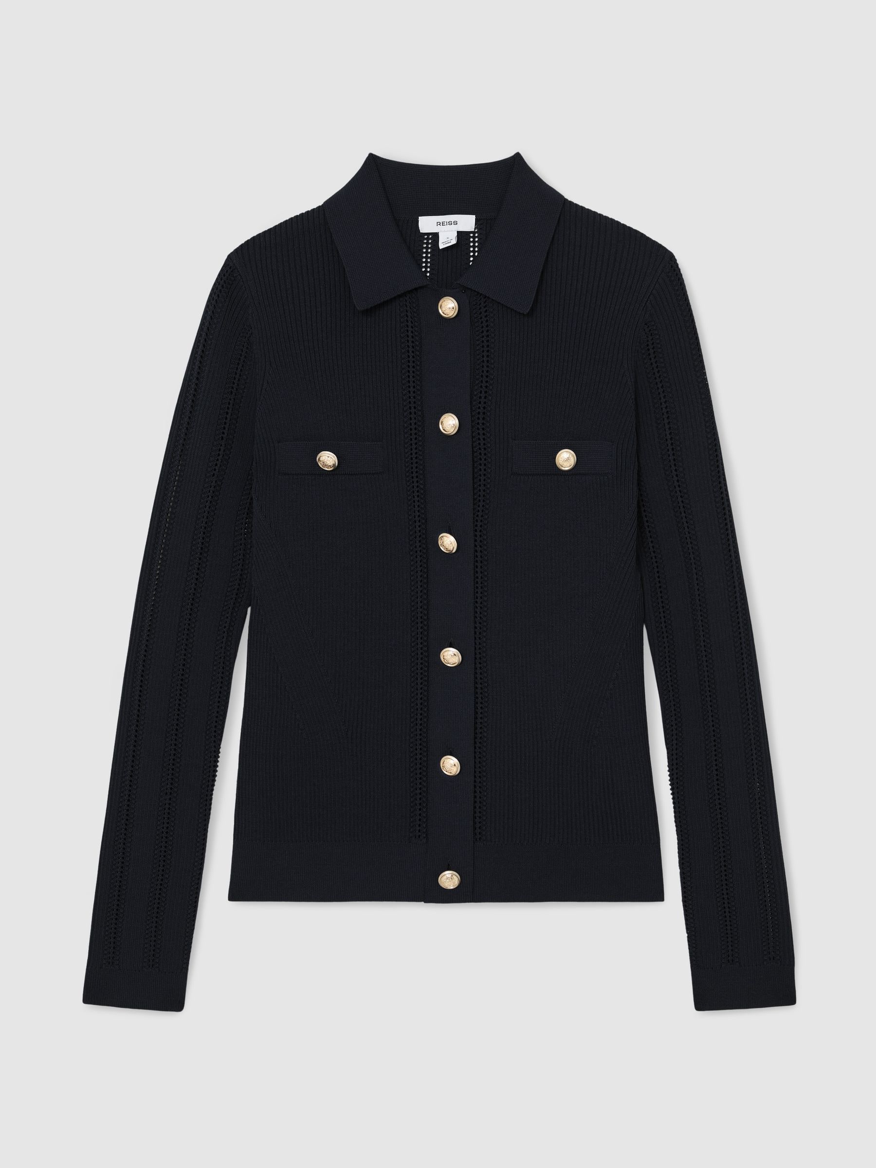 Reiss Navy Harri Button-Through Knitted Top with Collar