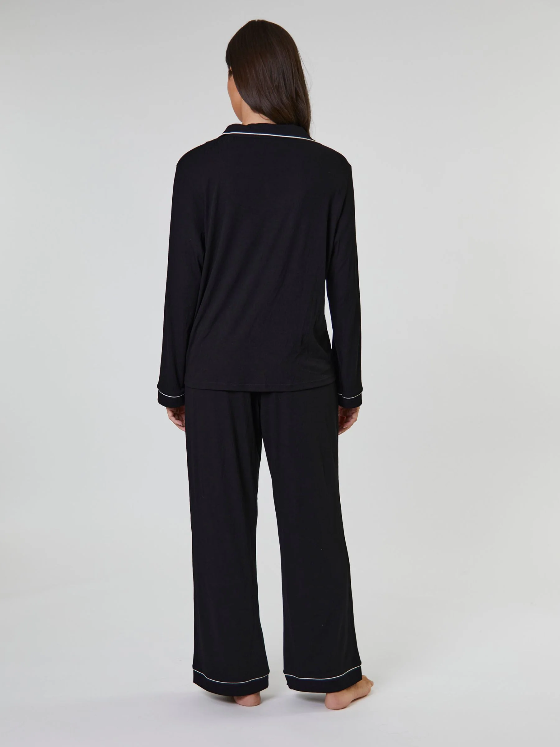 Loungeable Black/White Trim Long Sleeve Soft Rib Button Through Pyjamas