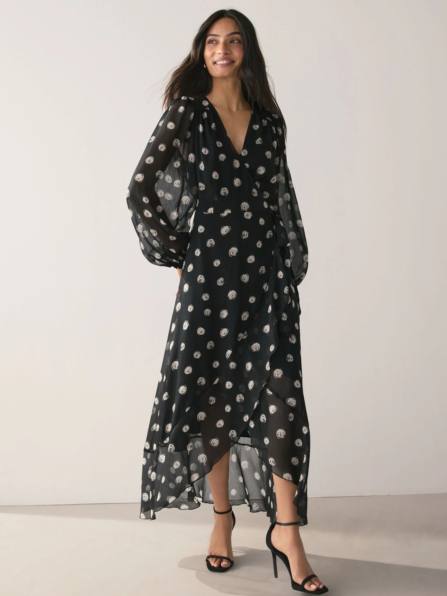 Black/White Spot Occasion Long Sleeve Wrap Midi Dress