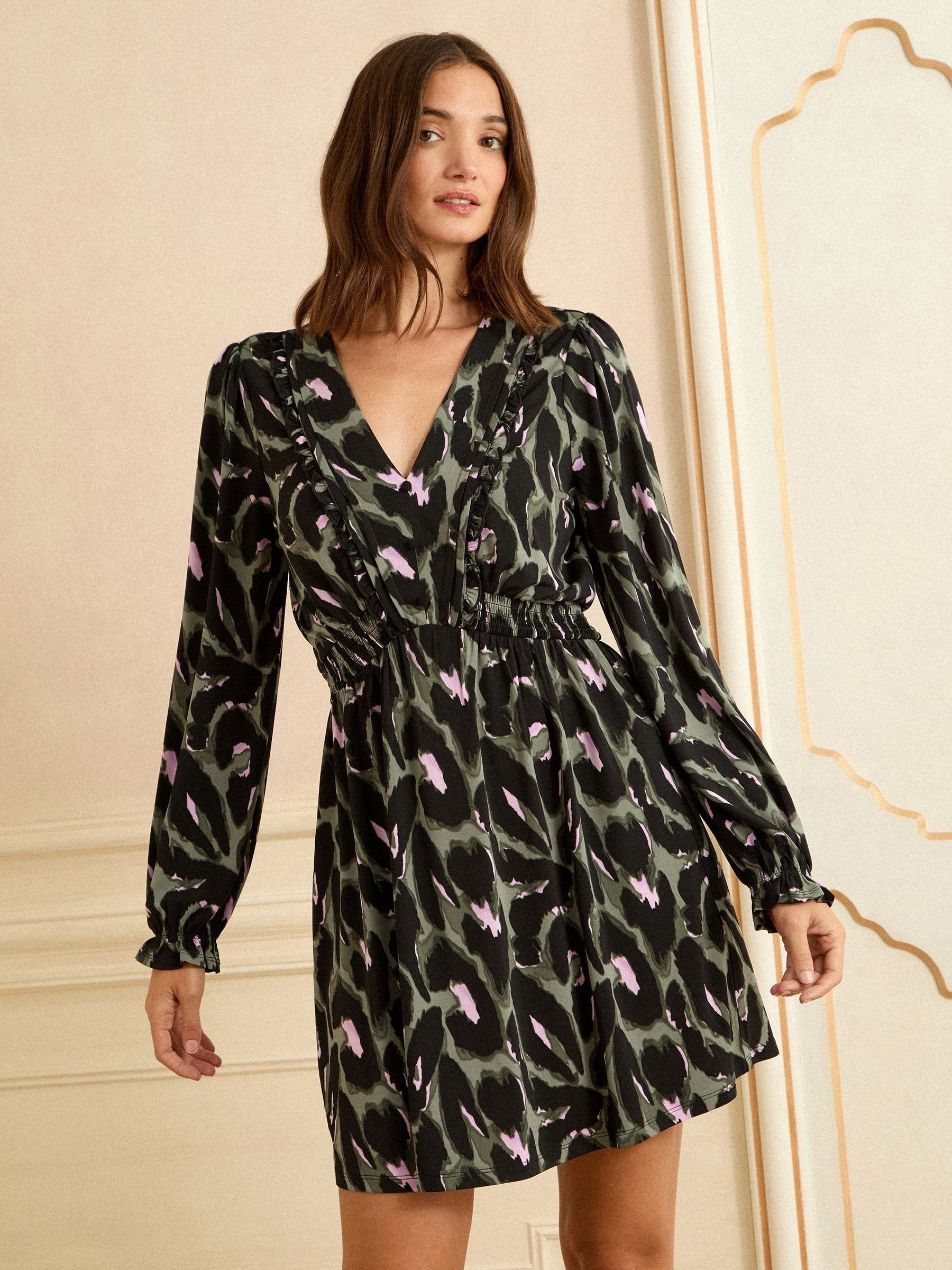 Love & Roses Khaki Green Animal Print V-Neck Mini Dress