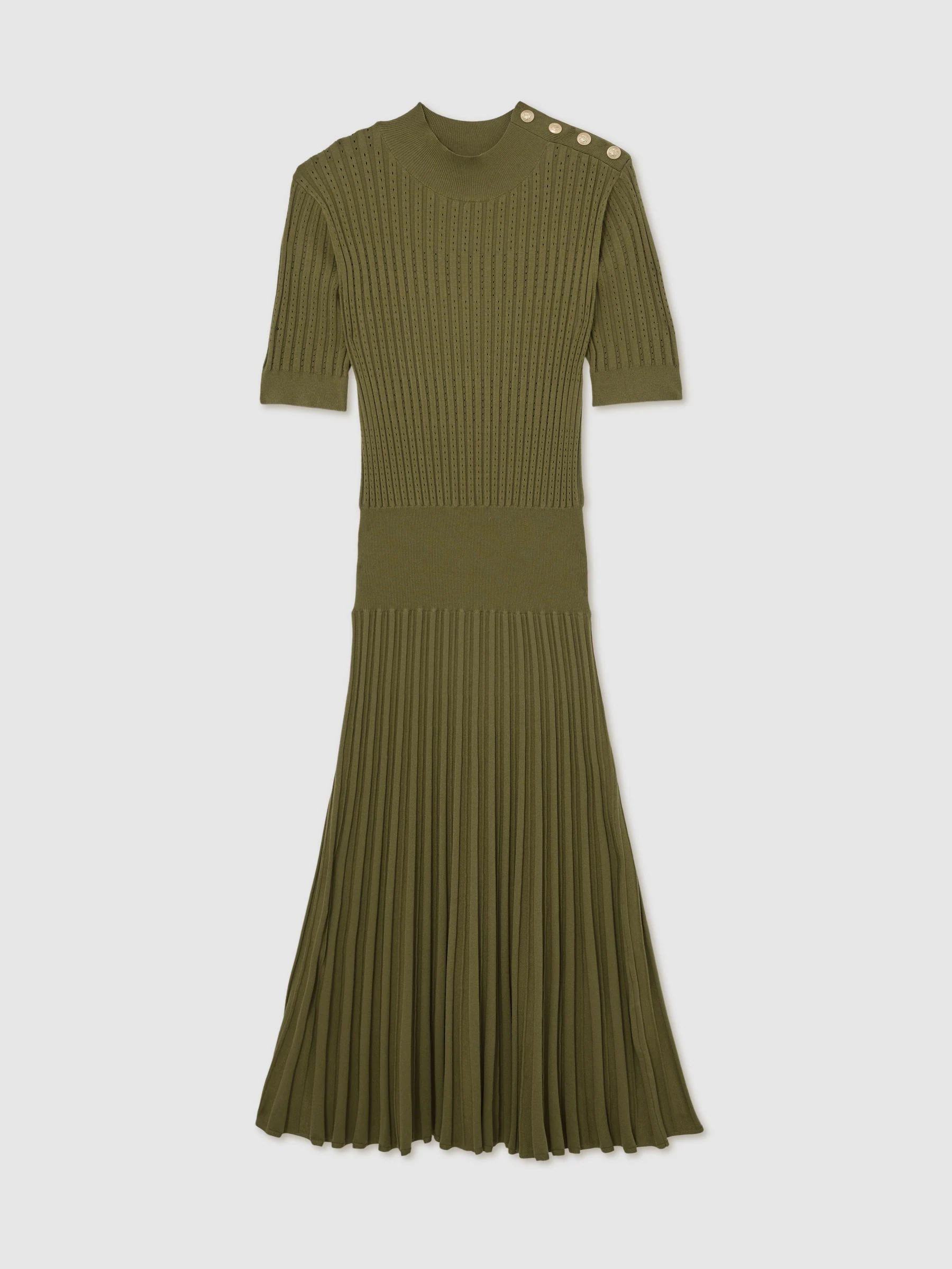 Reiss Green Harriet Button-Detail Knitted Midi Dress
