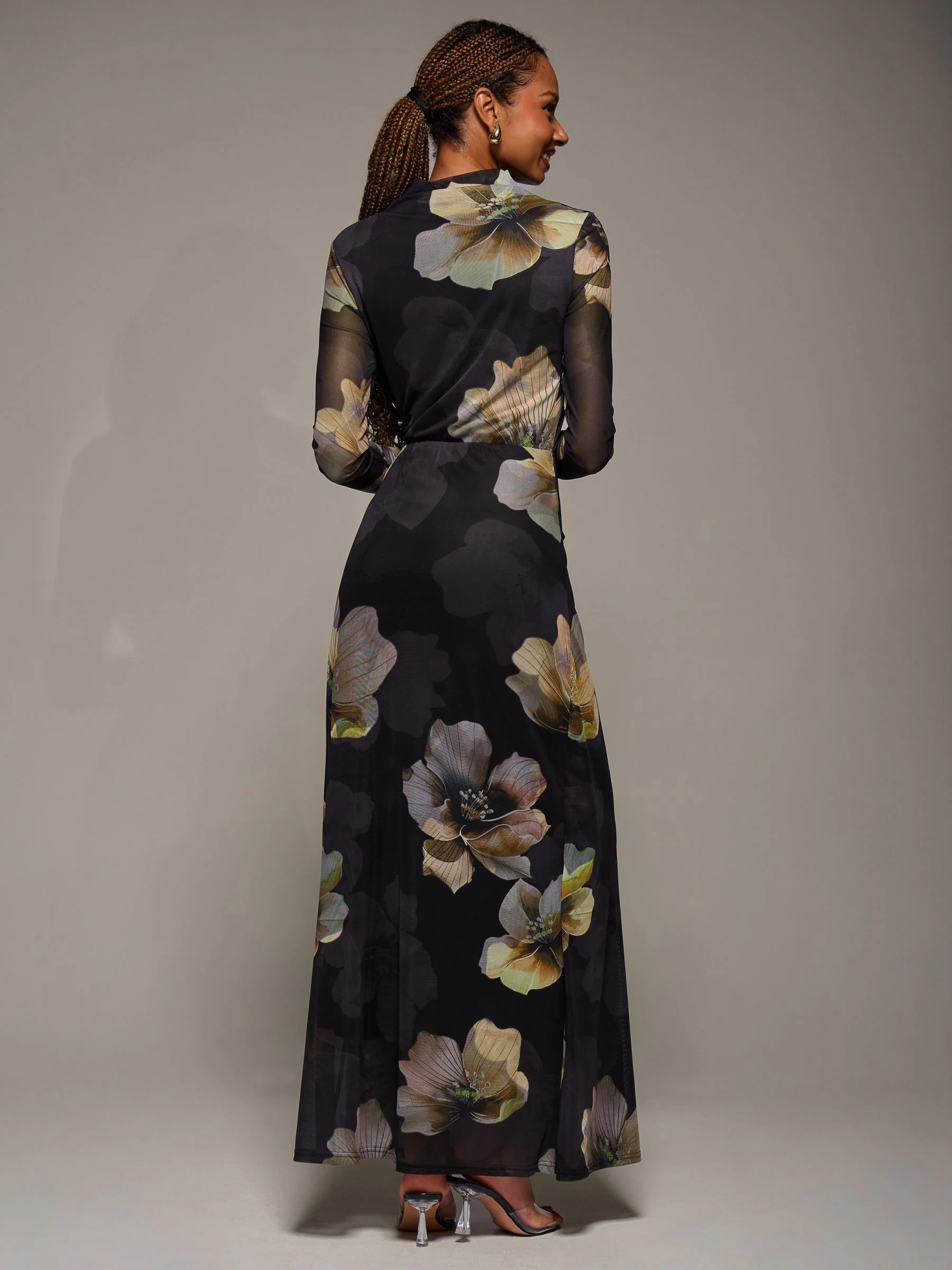 Jolie Moi Black High Neck Long Sleeve Mesh Maxi Dress