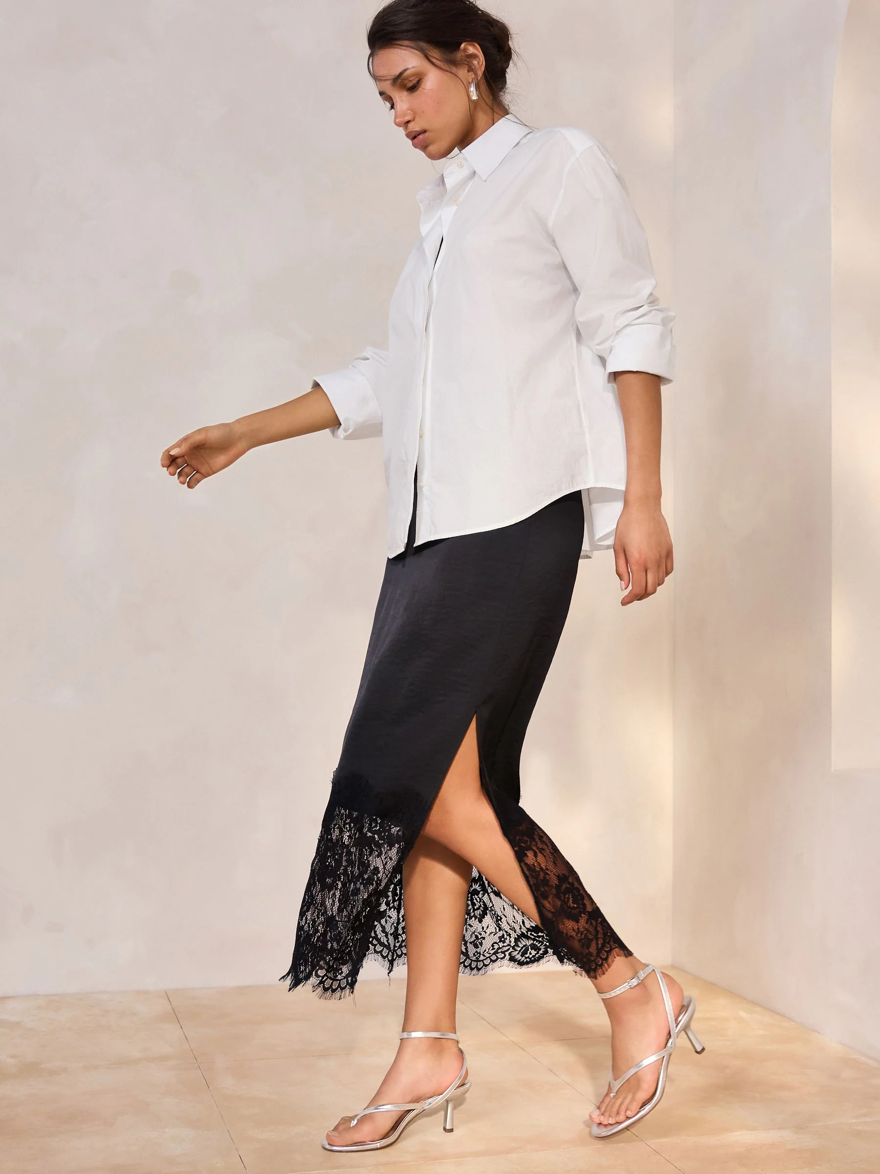 Black Satin Midi Skirt With Lace Trim