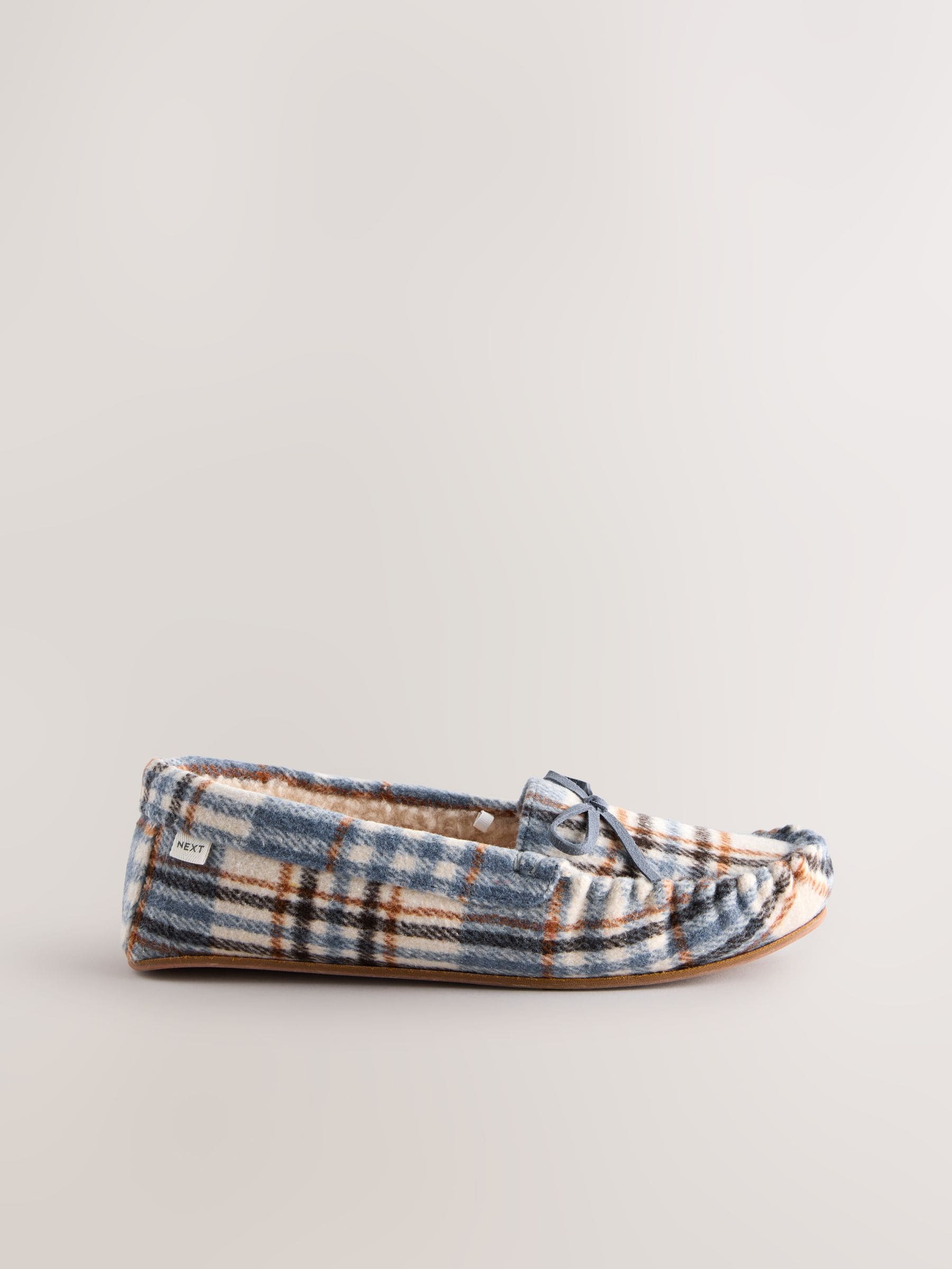 Blue Check Moccasin Brushed Slippers