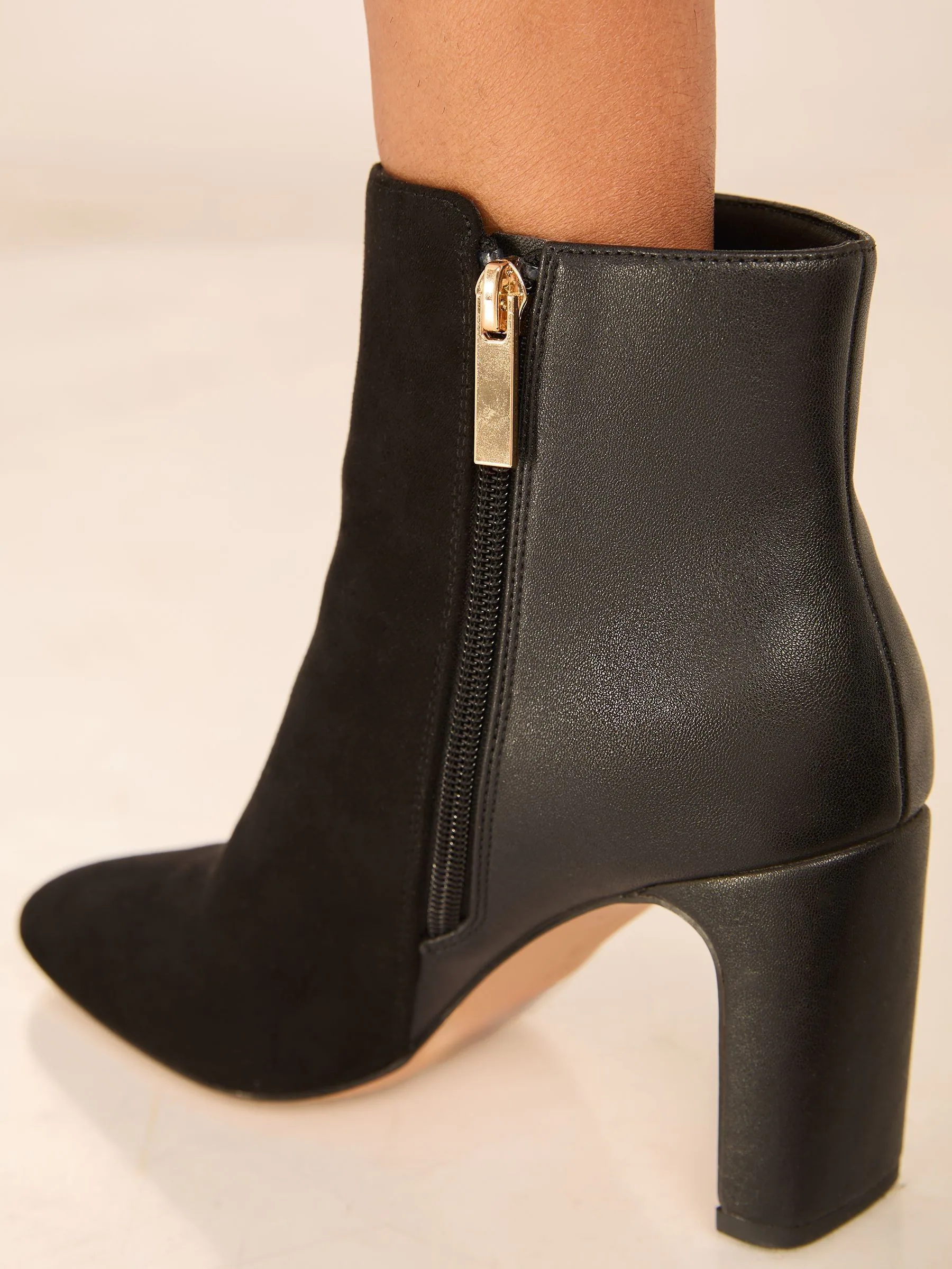 Lipsy Black Standard fit Faux Leather Mixed Material Mid Block Heeled Smart Ankle Boots