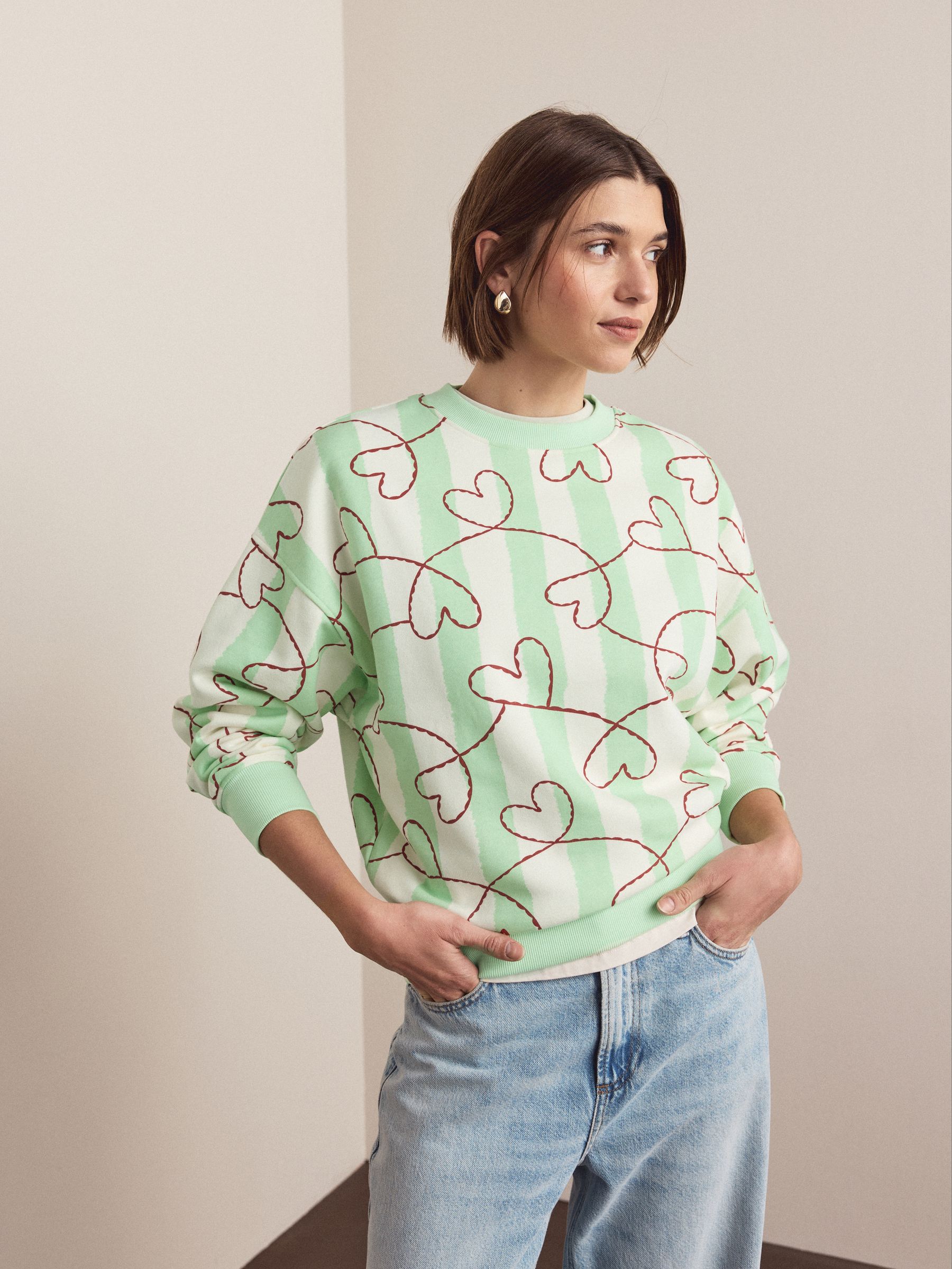 Green Heart Stripe Supersoft Peached Essentials Crew Neck Seam Detail Sweatshirt