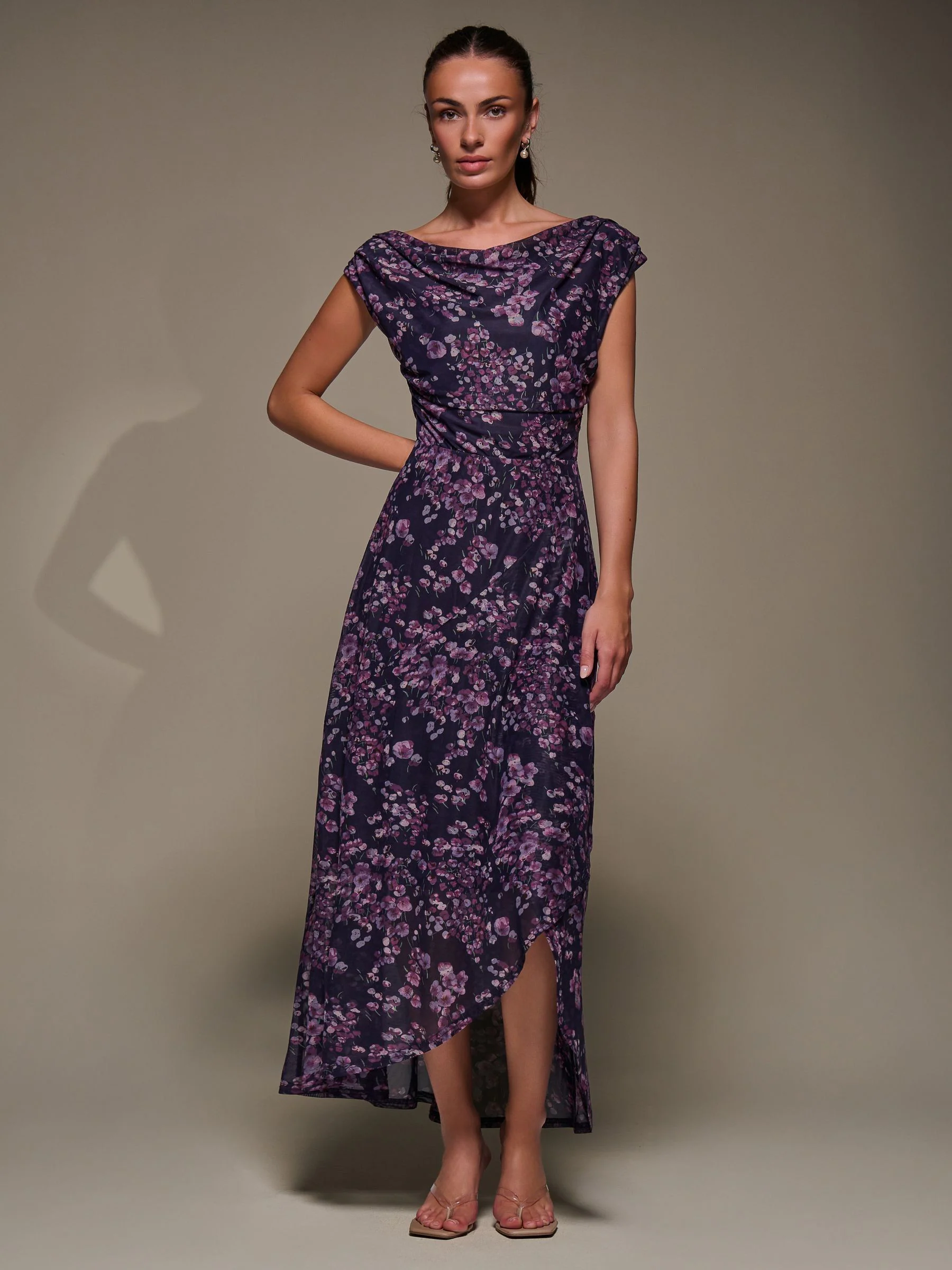 Jolie Moi Purple Asymmetric Draped Mesh Maxi Dress