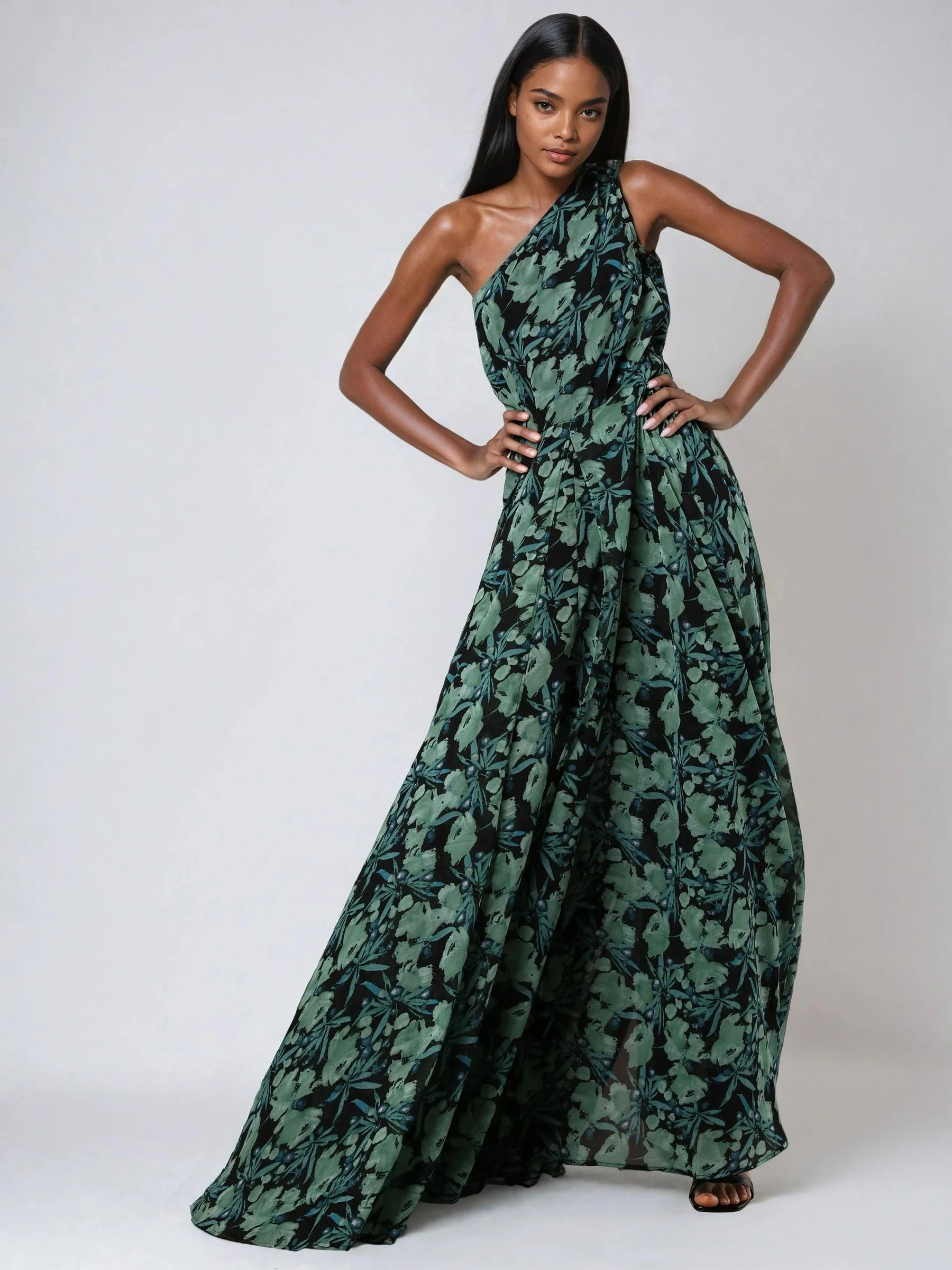 Religion Green One Shoulder Maxi Dress With Full Skirt