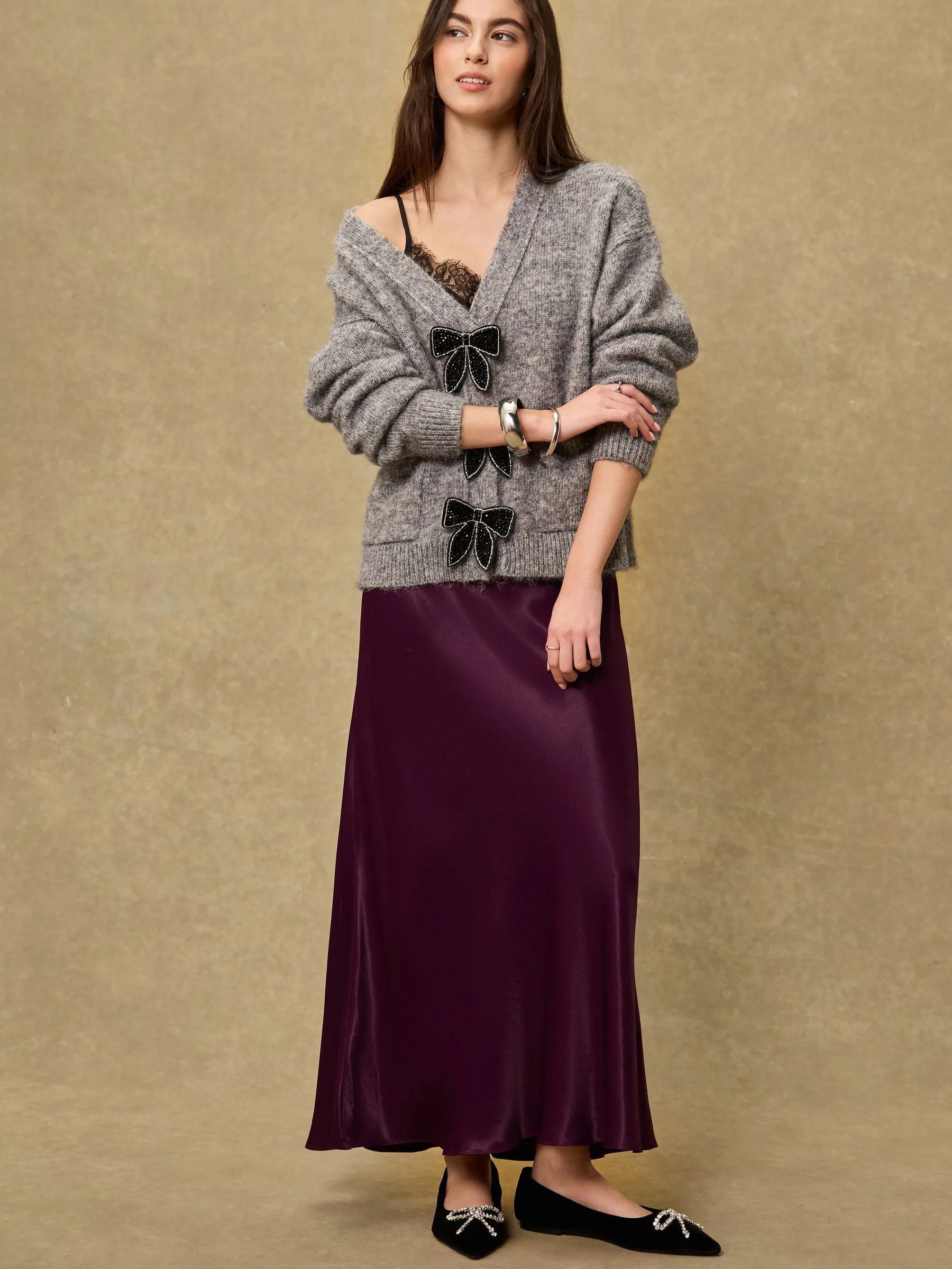 Burgundy Red Satin Midi Skirt