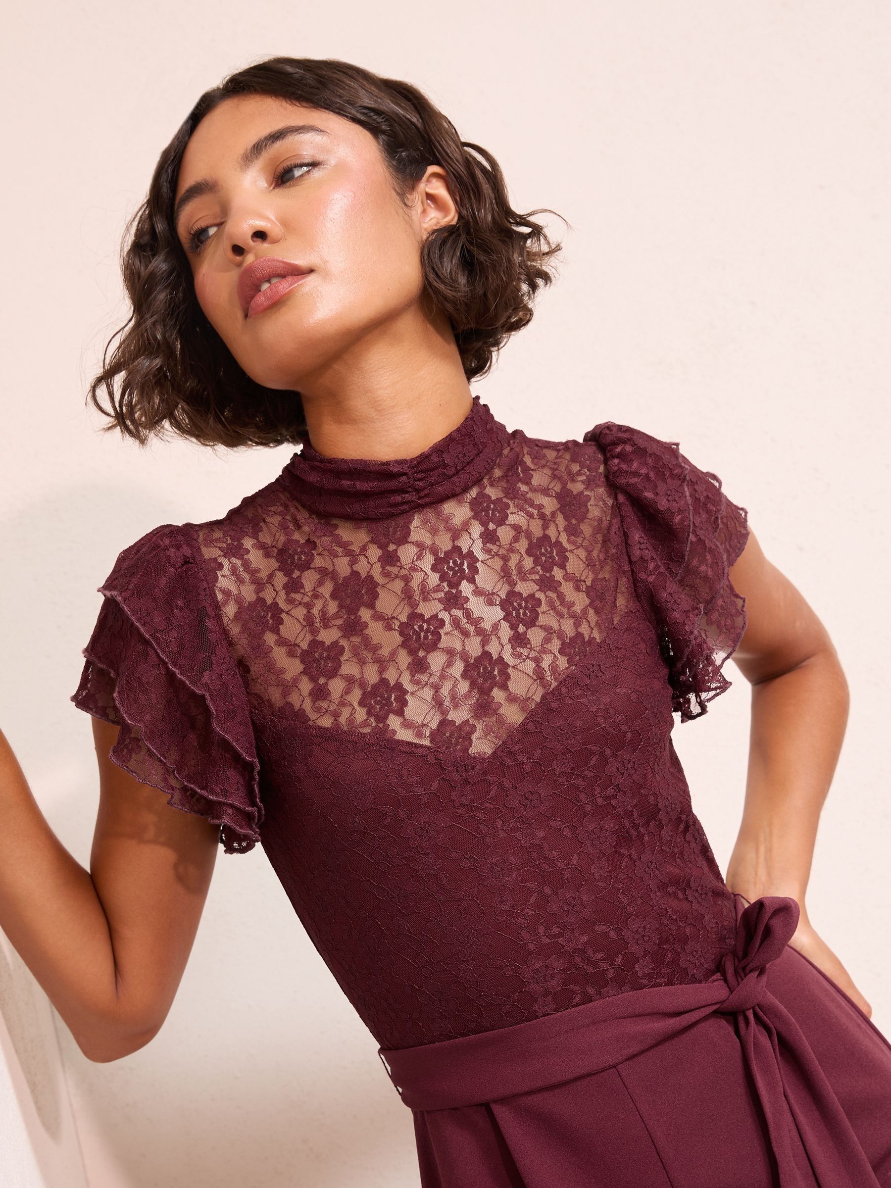 Friends Like These Purple Lace Scuba Mix Frill Sleeve Jumpsuit