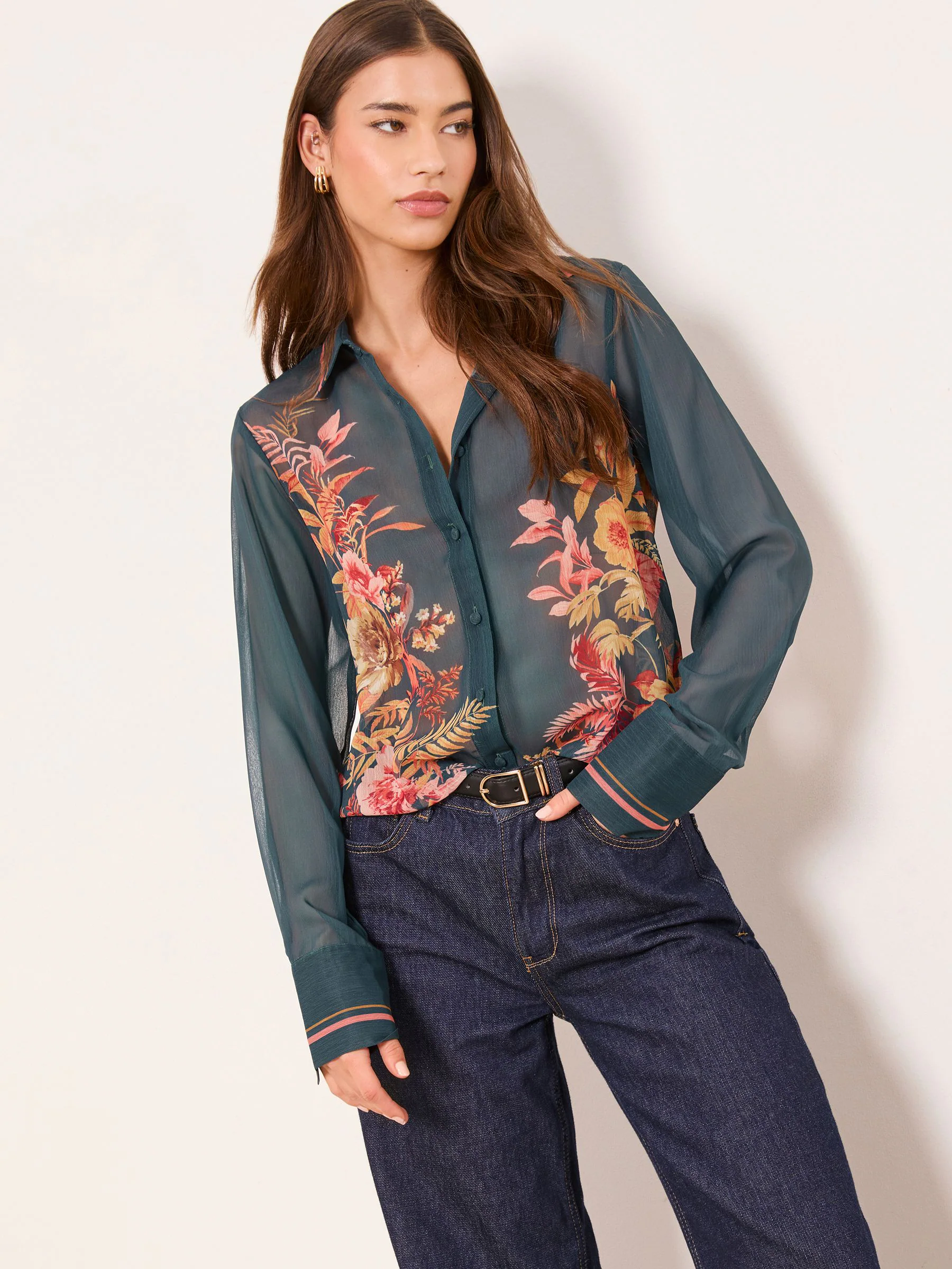 Lipsy Dark Green Floral Chiffon Printed Shirt