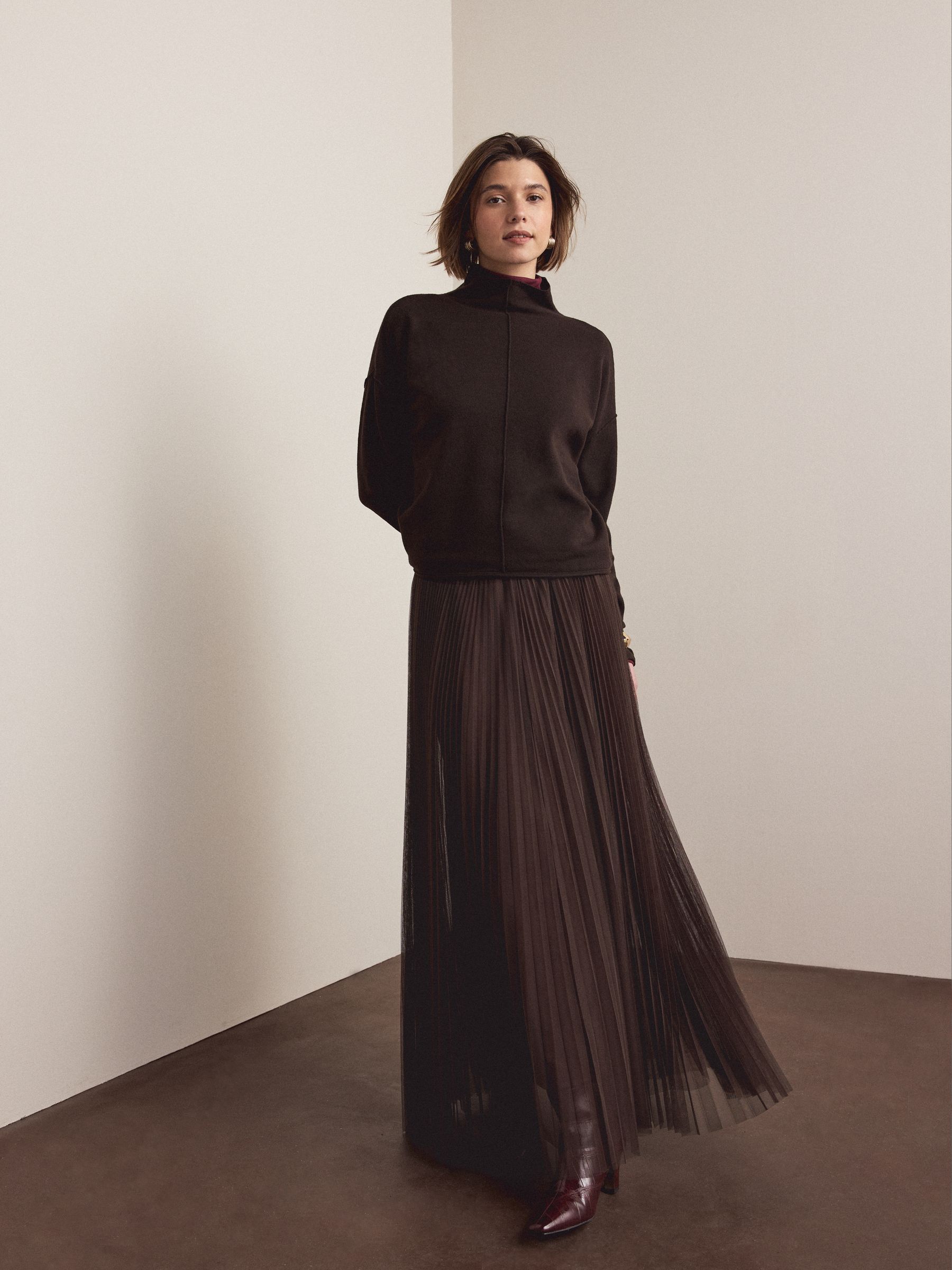 Chocolate Brown Mesh Pleated Maxi Skirt