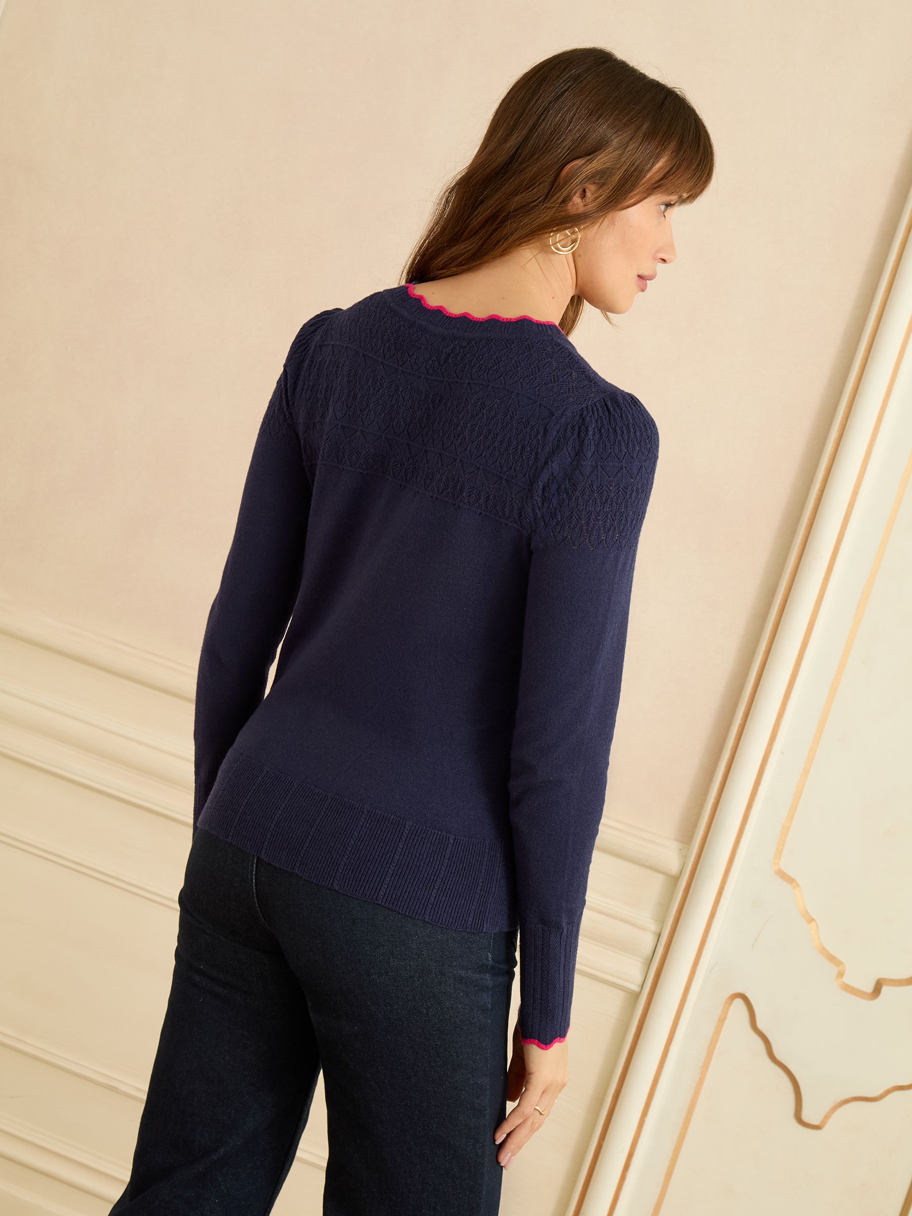 Love & Roses Navy and Pink Scallop Knitted Cardigan