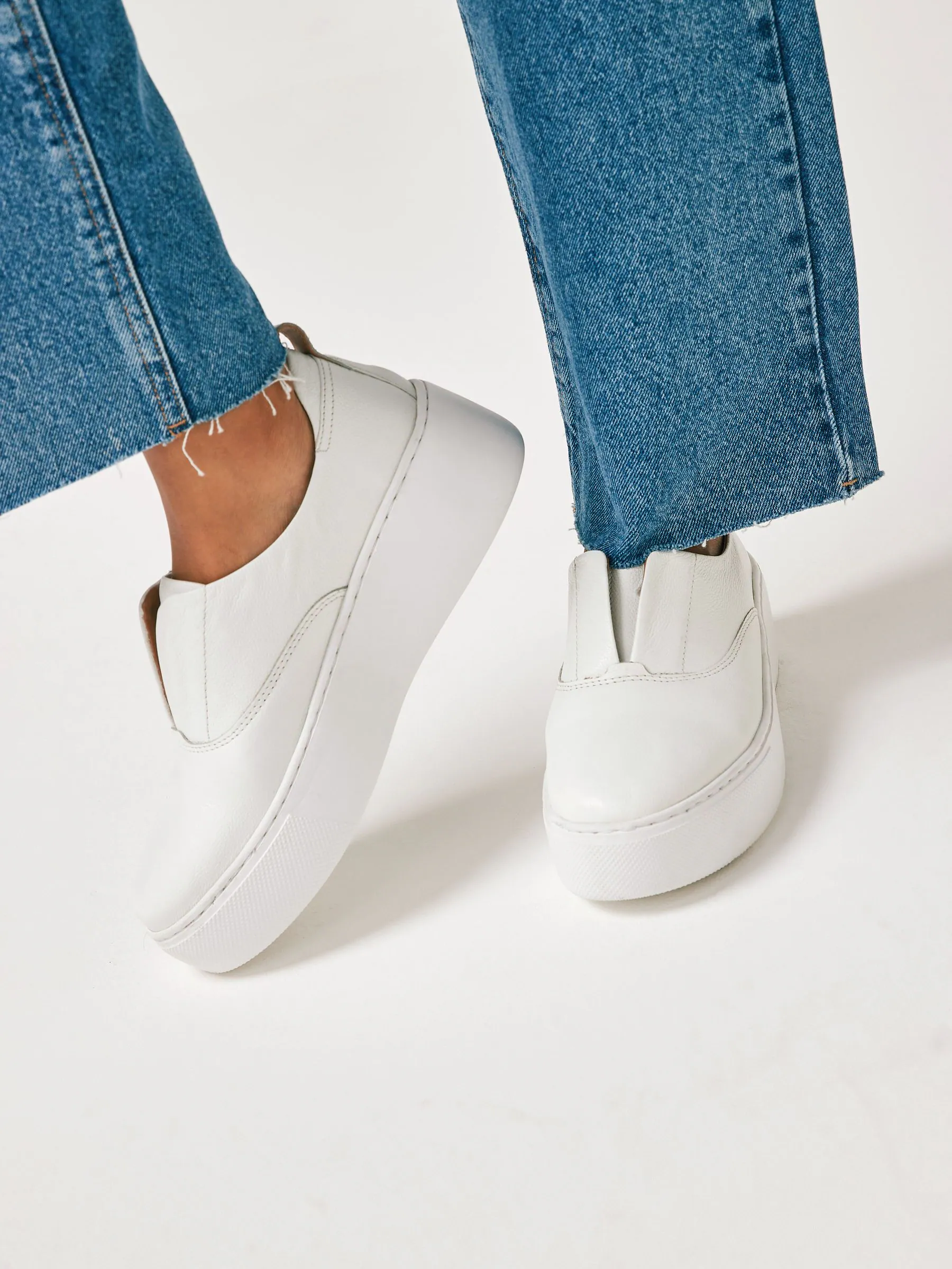 White Slip On Signature Leather Chunky Wedge Platform Trainers
