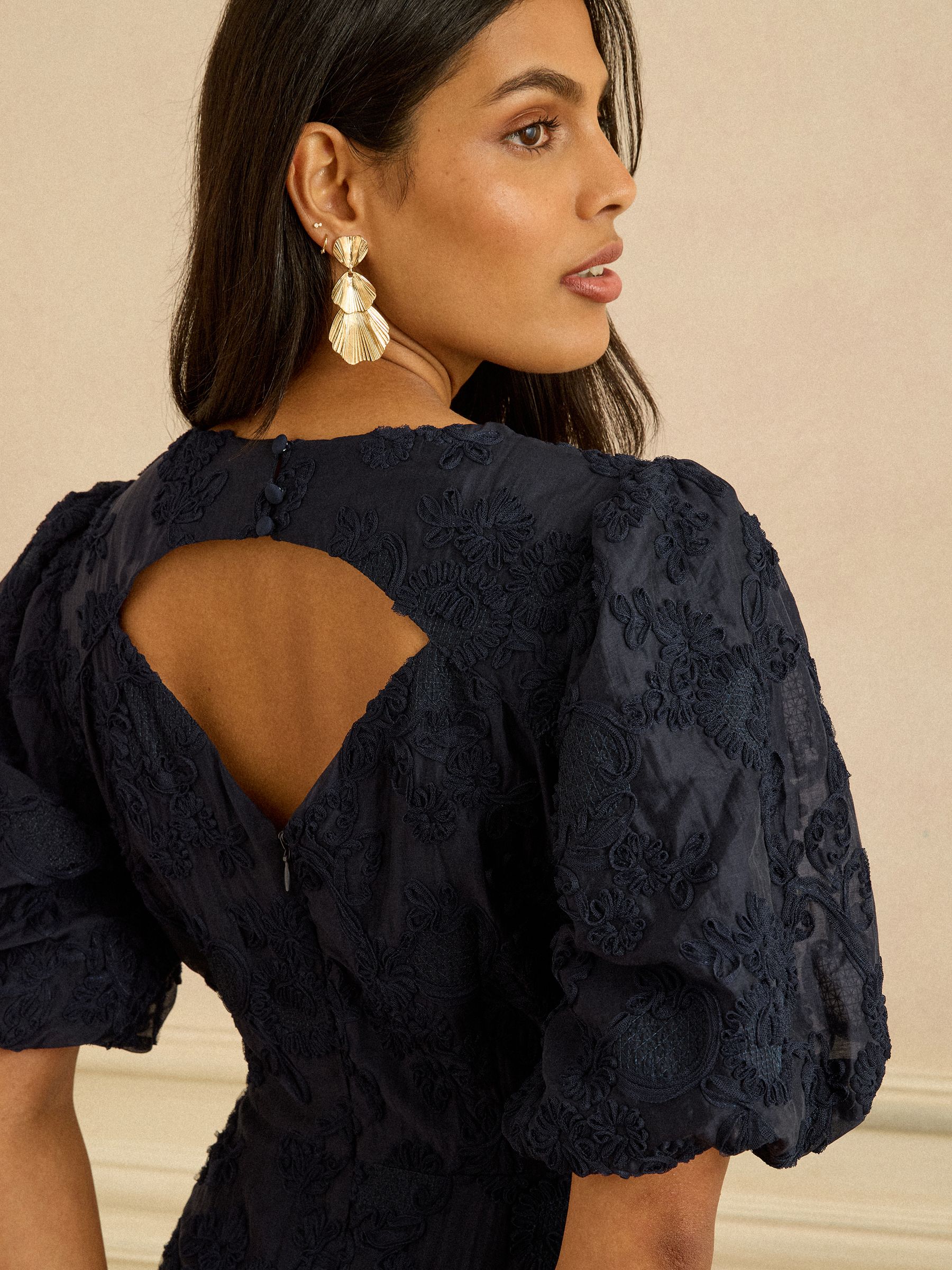 Love & Roses Navy Textured Puff Sleeve Crew Neck Midi Dress