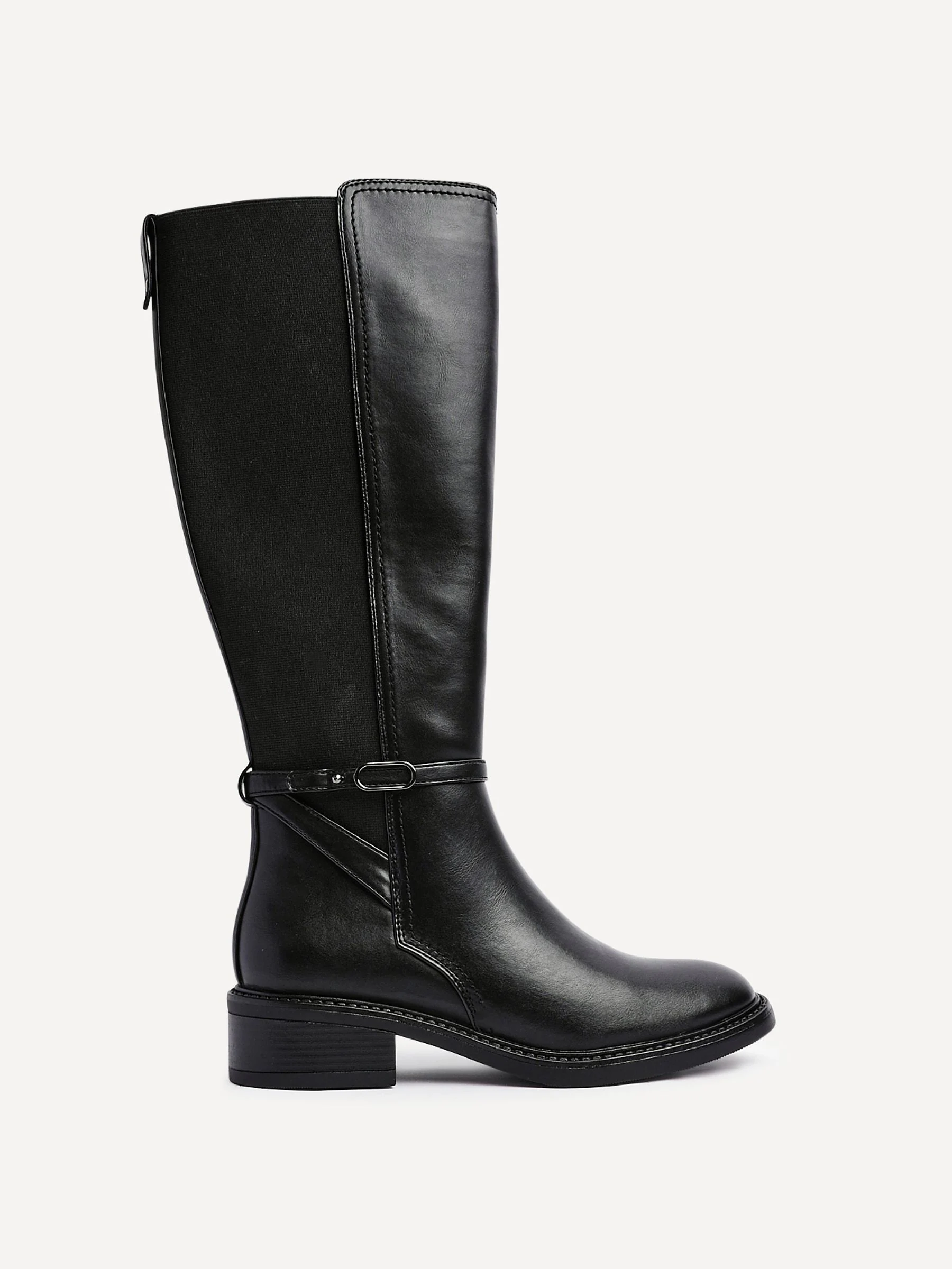 Linzi Black Power High Leg Boots With Stretch Side Panel and Buckle Detail