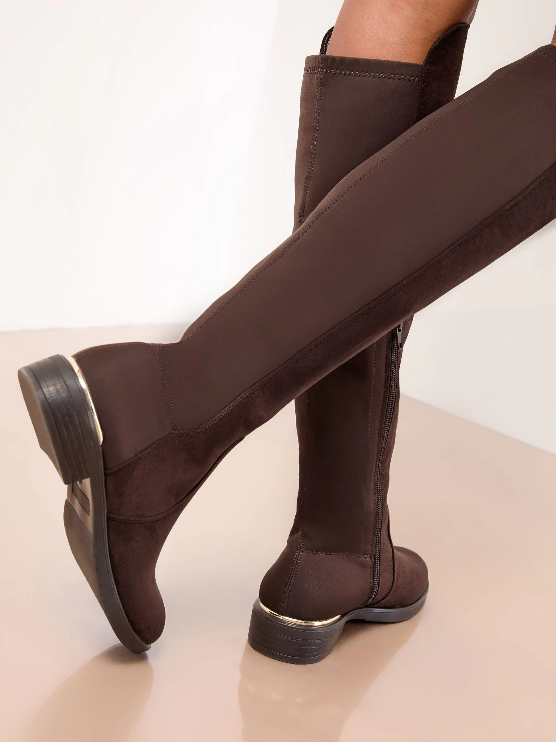 Lipsy Chocolate Brown Standard fit Faux Suede Elasticated Flat Knee High Casual Boots