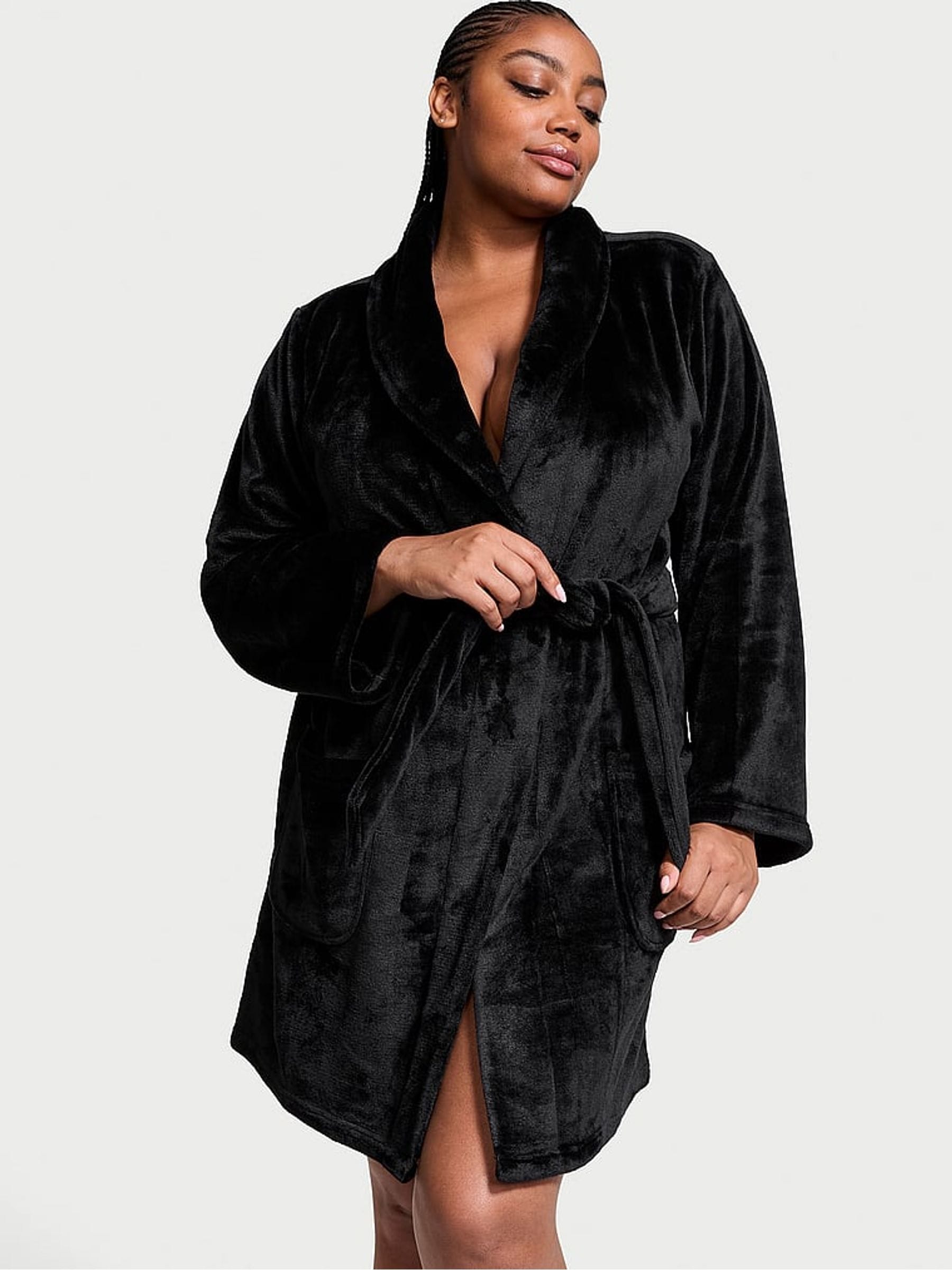 Victoria's Secret Black Logo Fluffy Short Dressing Gown