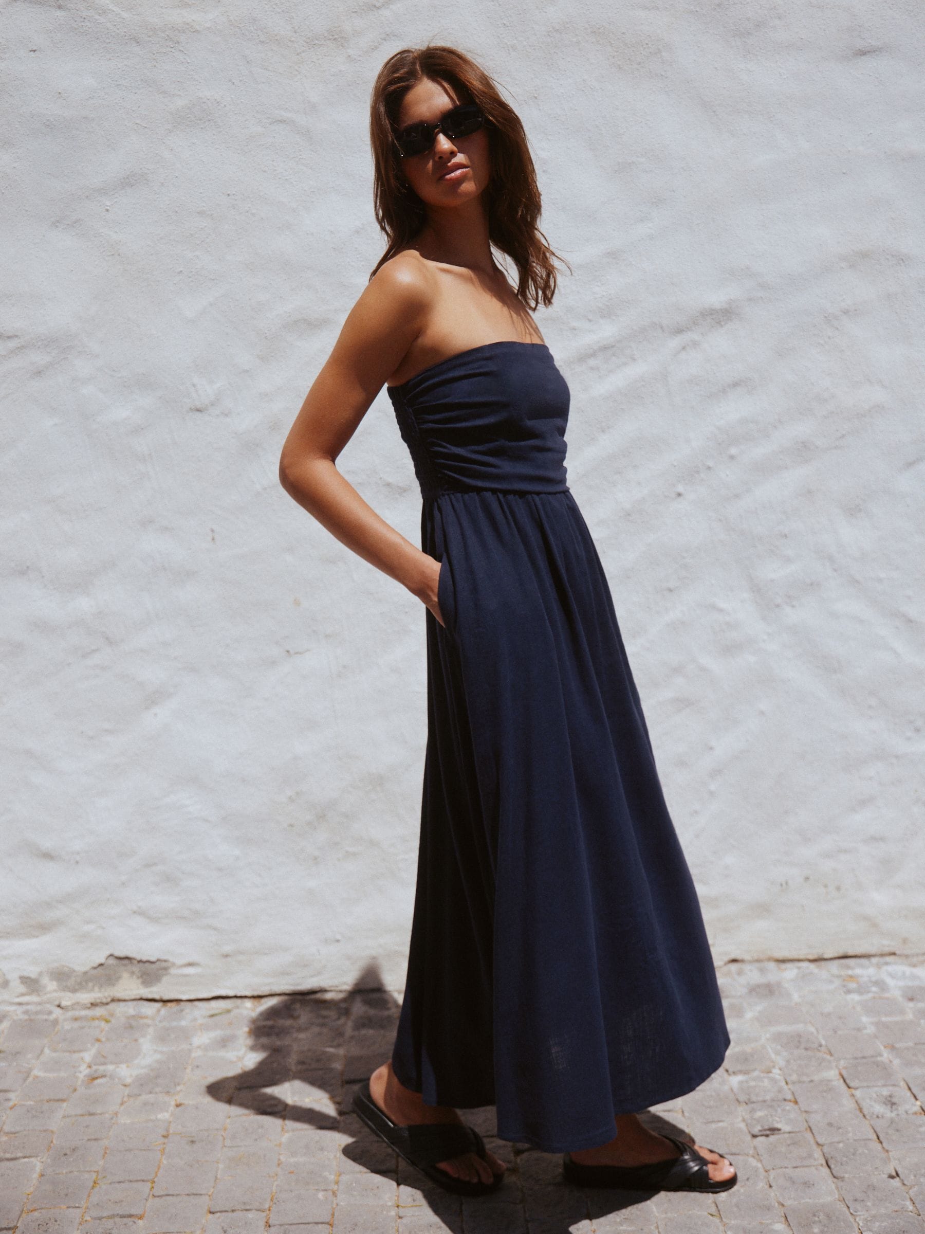 Navy Blue Ruched Bandeau Midi Dress with Linen