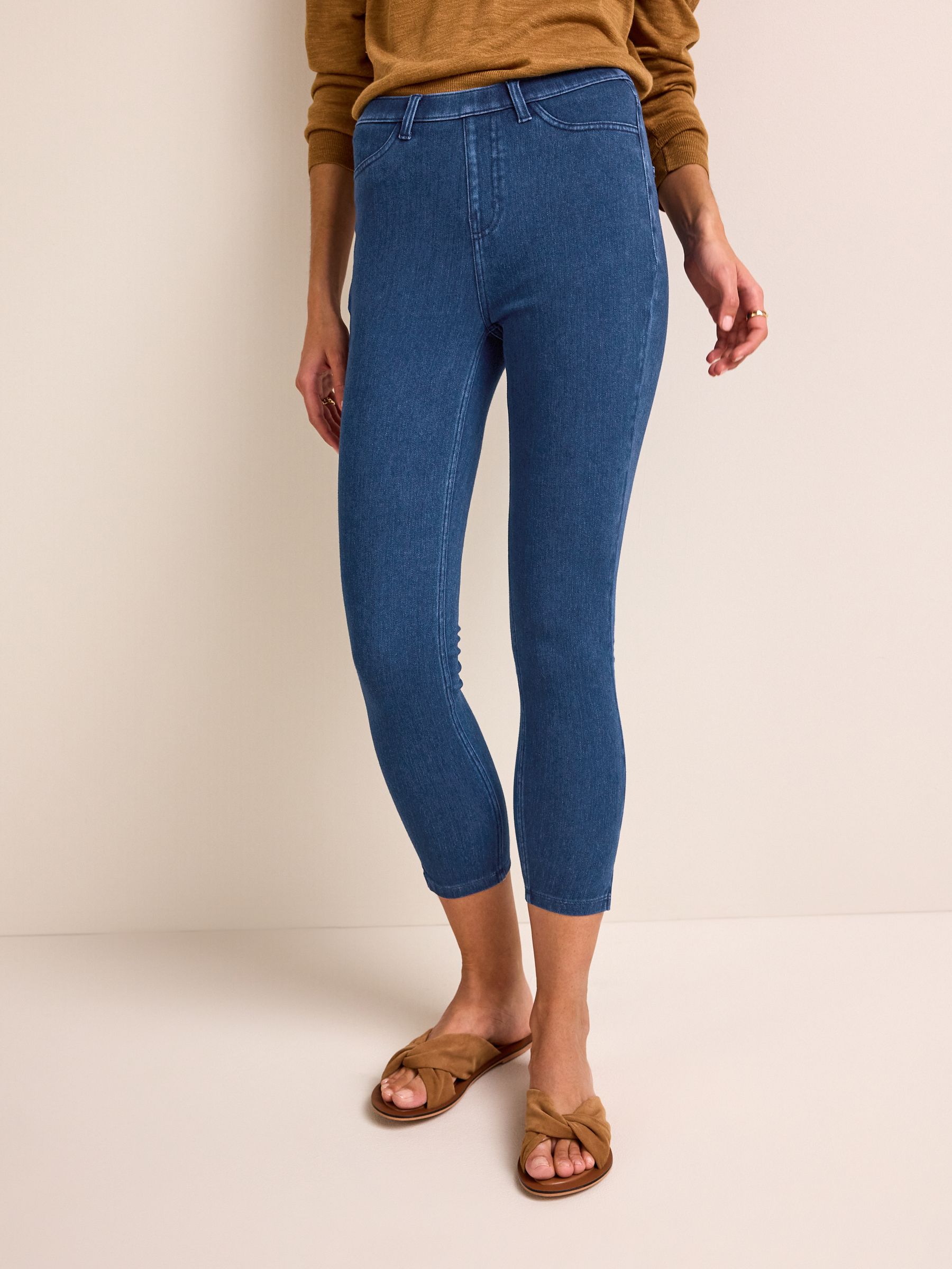 Blue Dark Wash Cropped Denim Jersey Leggings