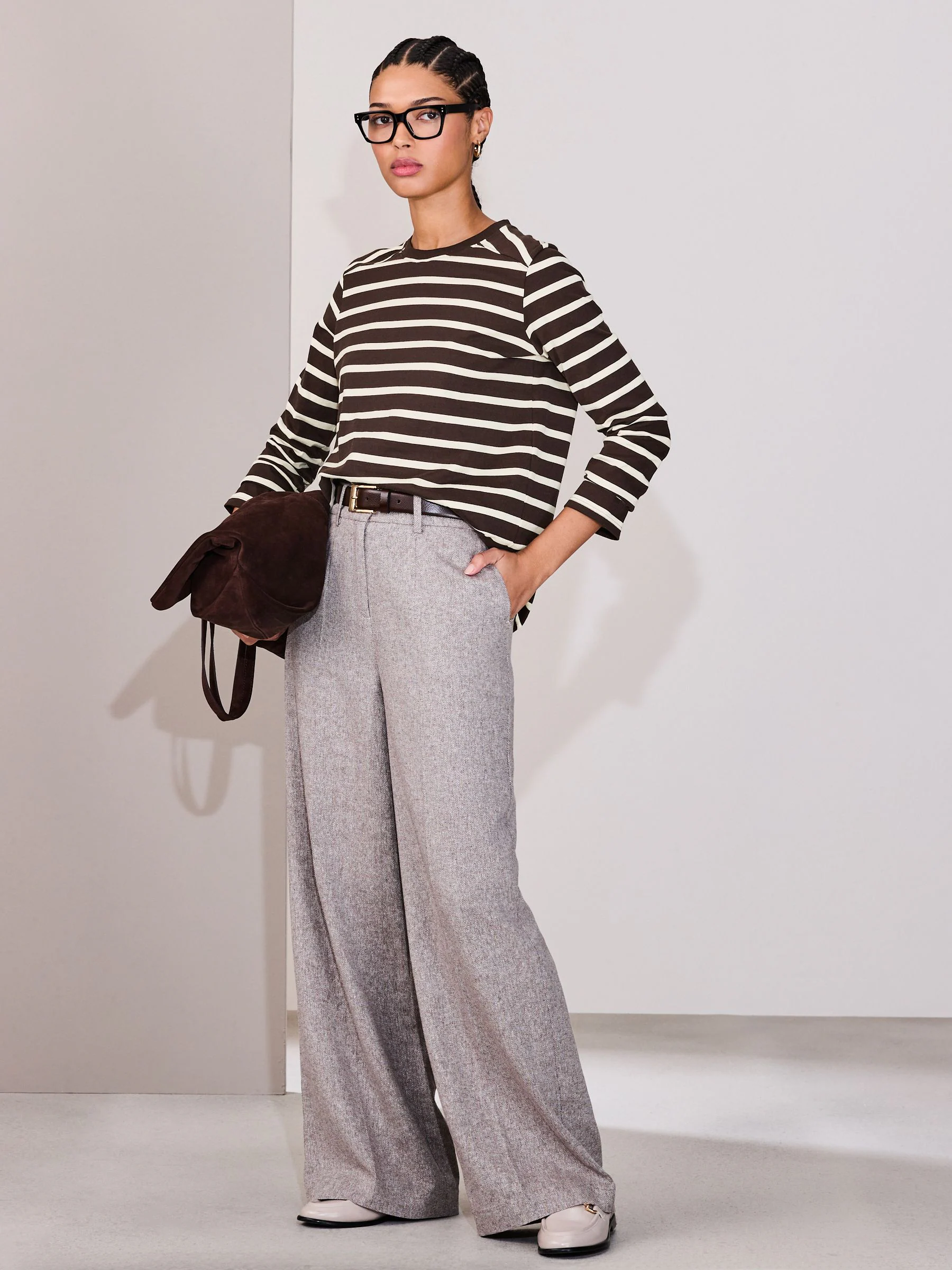 Chocolate Brown/Cream Stripe Long Sleeve Heavyweight Crew Neck T-Shirt