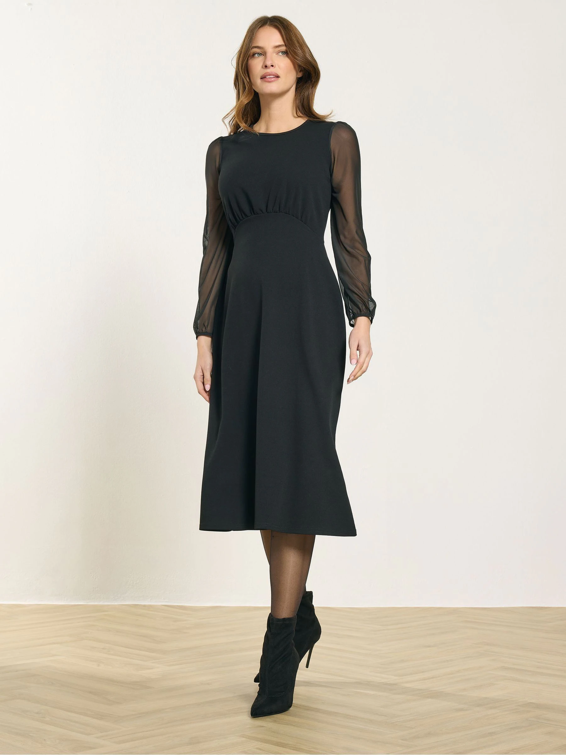 M&Co Black Mesh Sleeve Empire Midi Dress