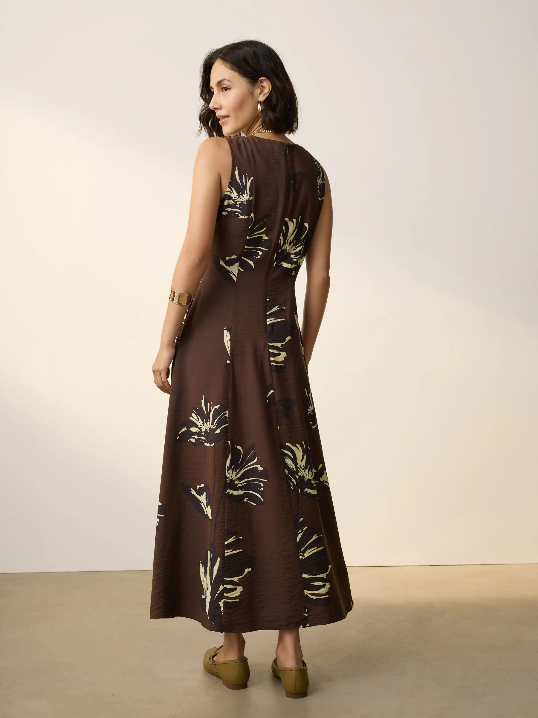 Brown Floral Sleeveless Column A-Line Maxi Dress