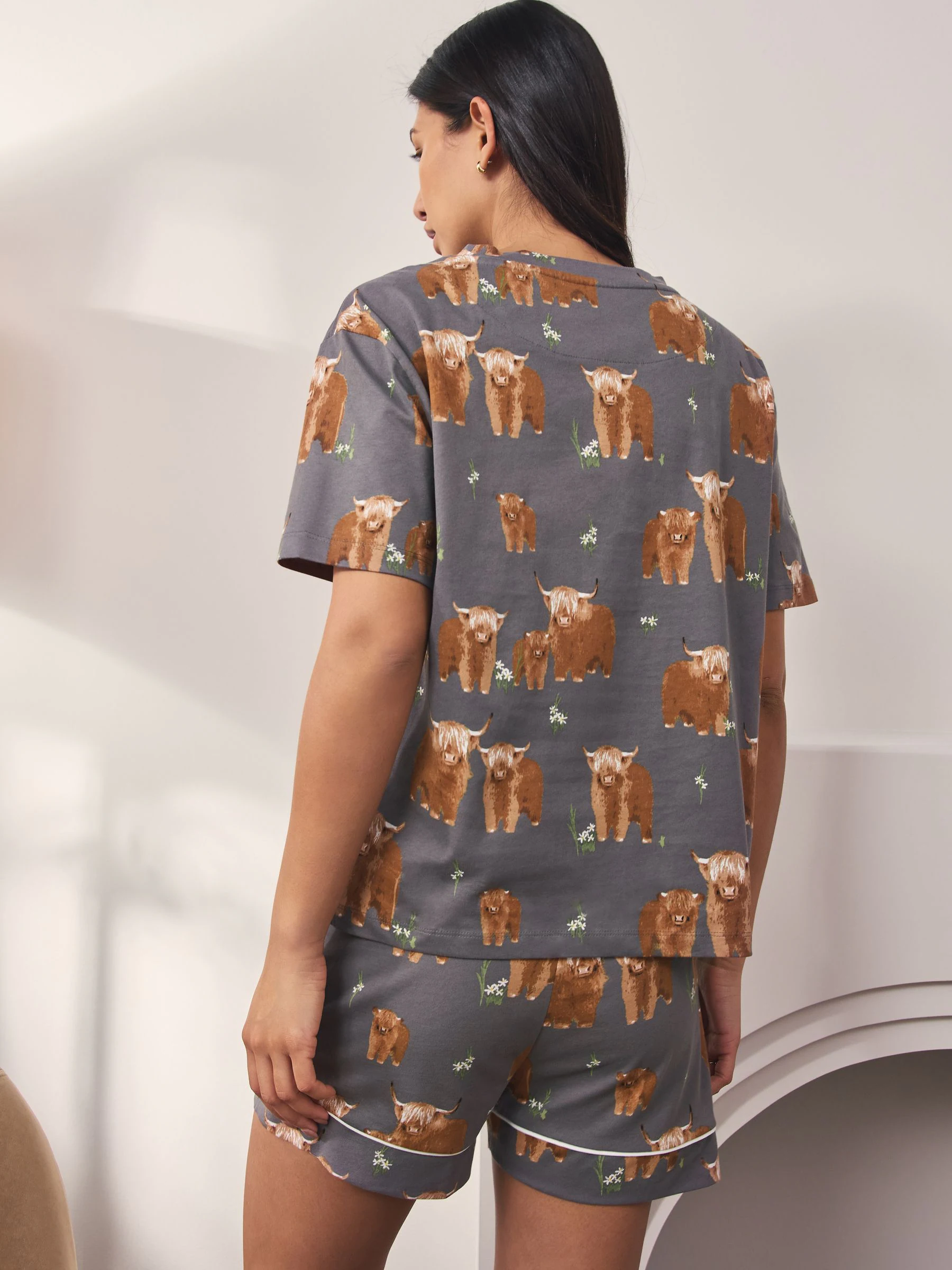 Charcoal Grey Hamish The Highland Cow 100% Cotton Short Set Pyjamas